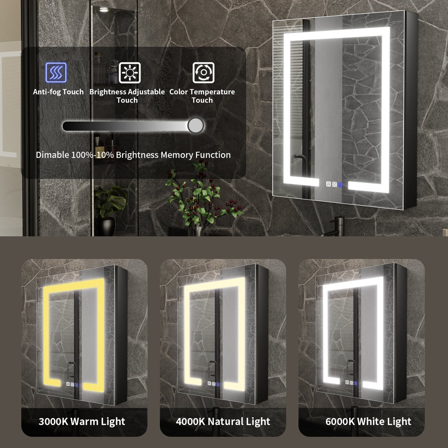 ExBrite 24-in x 30-in Lighted LED Fog Free Surface/Recessed Mount Matte Black Mirrored Soft Close Medicine Cabinet with Outlet