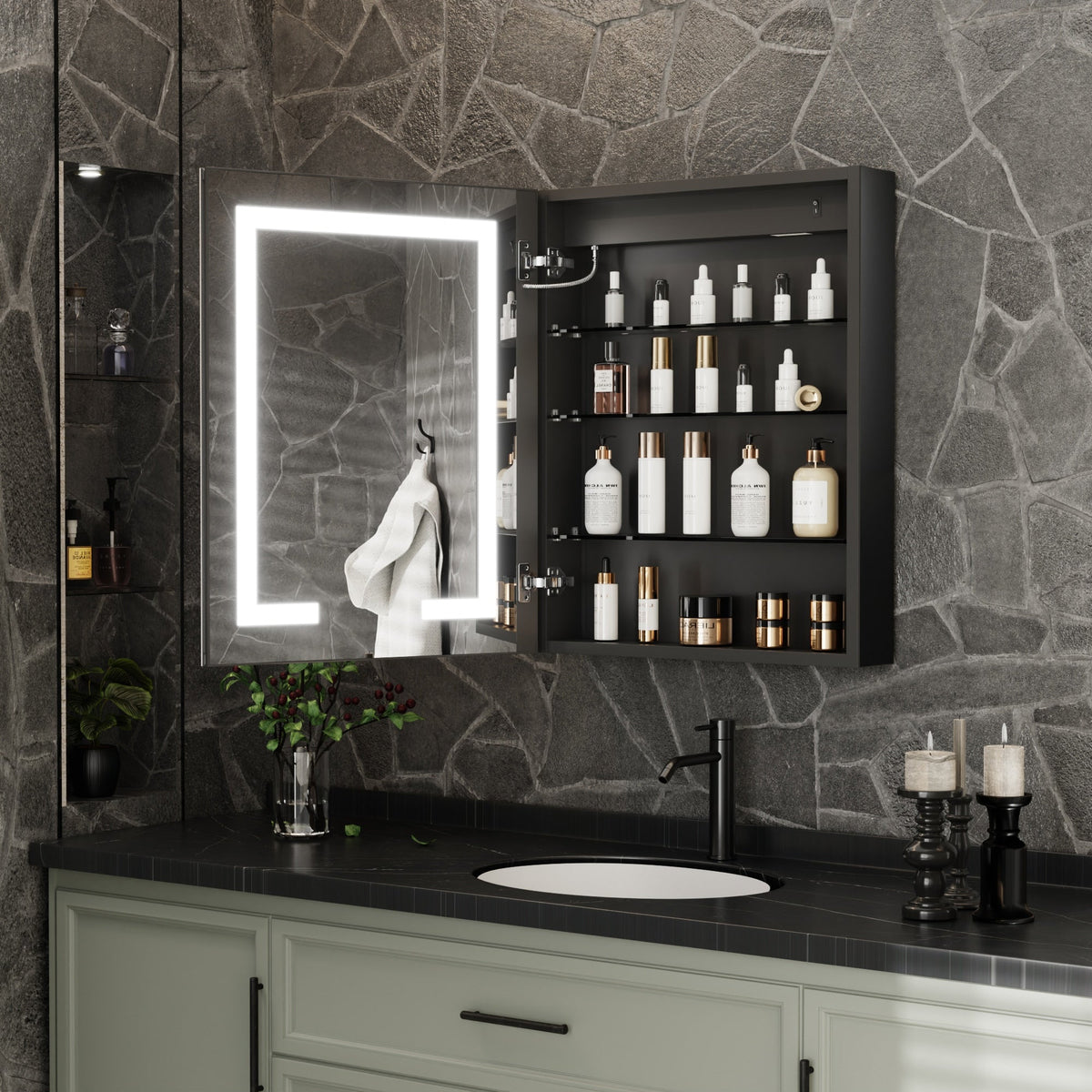 ExBrite 24-in x 30-in Lighted LED Fog Free Surface/Recessed Mount Matte Black Mirrored Soft Close Medicine Cabinet with Outlet