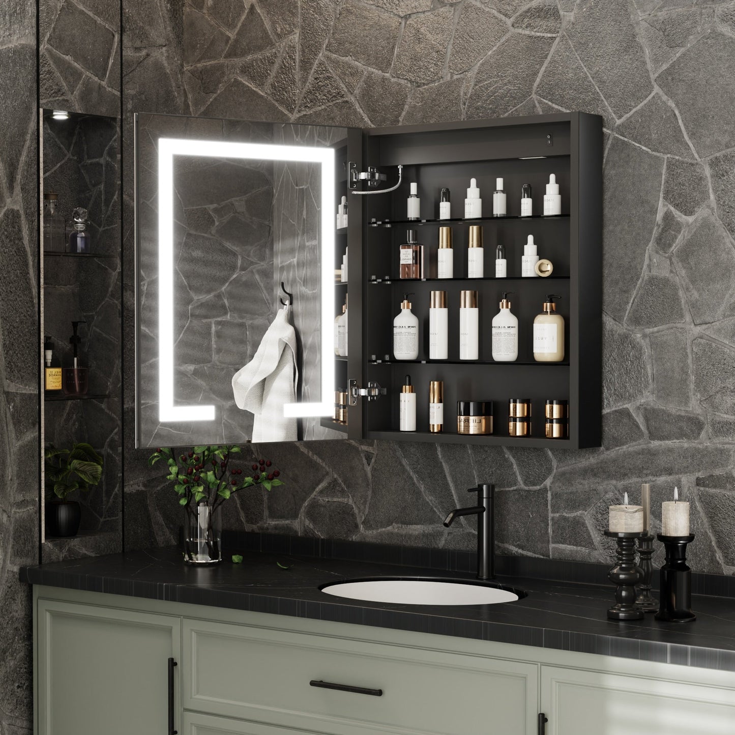 ExBrite 24-in x 30-in Lighted LED Fog Free Surface/Recessed Mount Matte Black Mirrored Soft Close Medicine Cabinet with Outlet