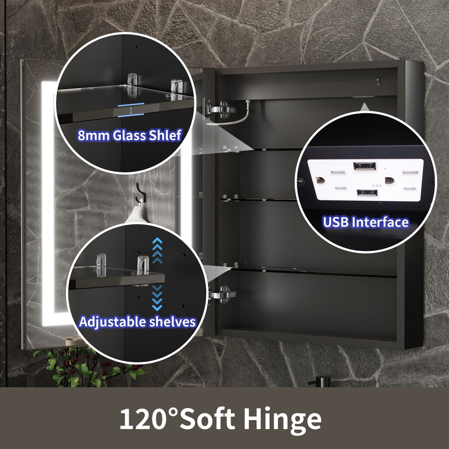 ExBrite 24-in x 30-in Lighted LED Fog Free Surface/Recessed Mount Matte Black Mirrored Soft Close Medicine Cabinet with Outlet