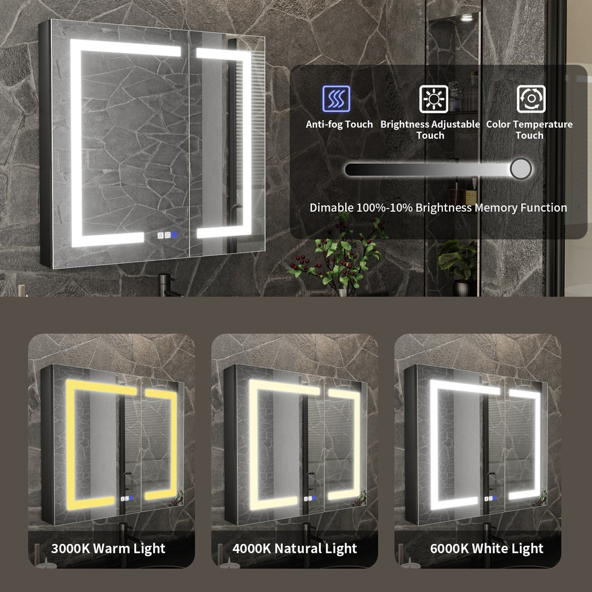ExBrite 30-in x 30-in Lighted LED Fog Free Surface/Recessed Mount Matte Black Mirrored Soft Close Medicine Cabinet with Outlet