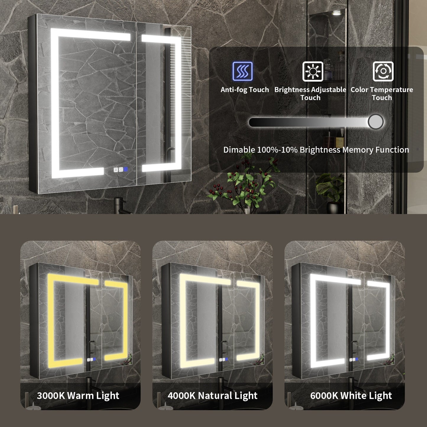 ExBrite 30-in x 30-in Lighted LED Fog Free Surface/Recessed Mount Matte Black Mirrored Soft Close Medicine Cabinet with Outlet