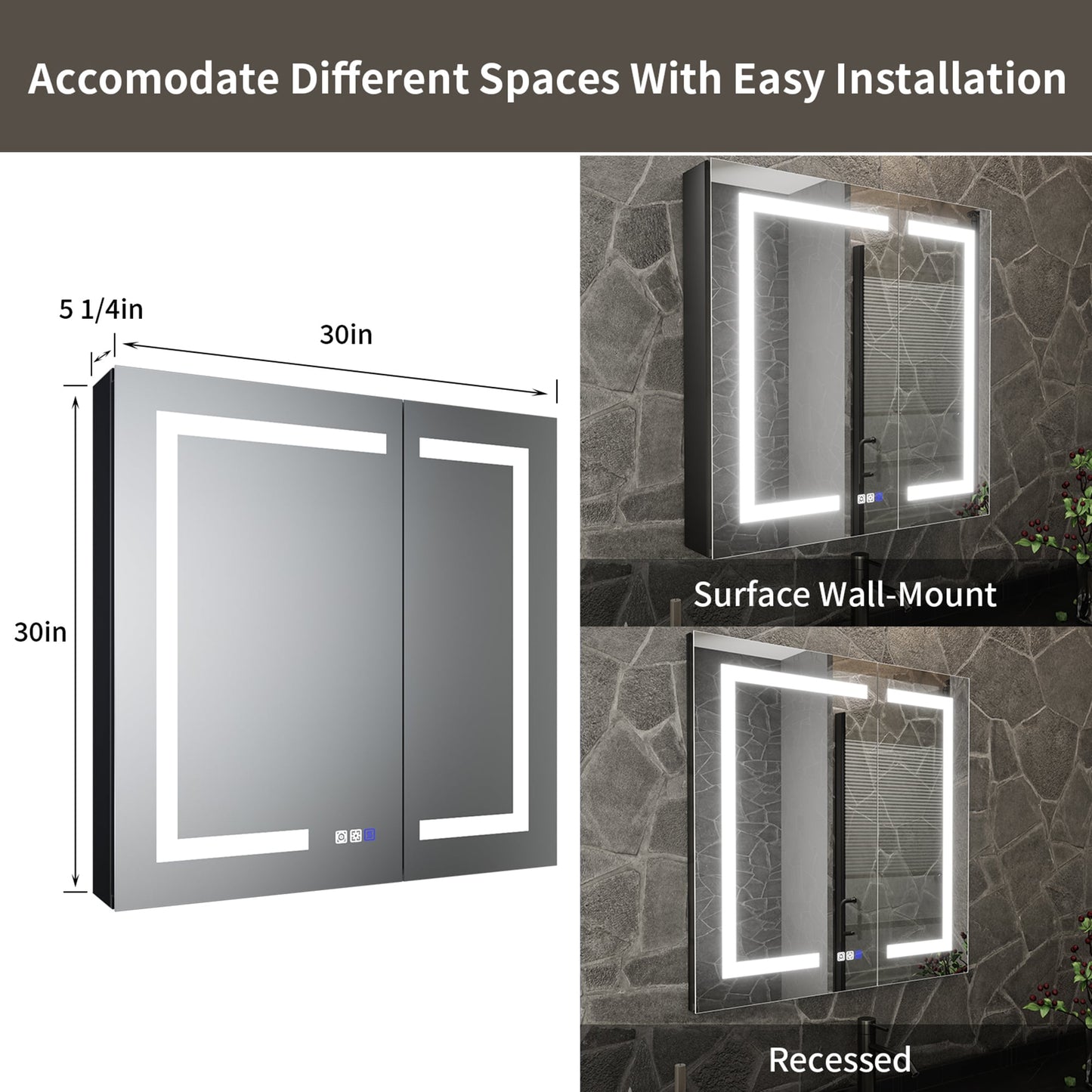 ExBrite 30-in x 30-in Lighted LED Fog Free Surface/Recessed Mount Matte Black Mirrored Soft Close Medicine Cabinet with Outlet