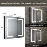 ExBrite 30-in x 30-in Lighted LED Fog Free Surface/Recessed Mount Matte Black Mirrored Soft Close Medicine Cabinet with Outlet