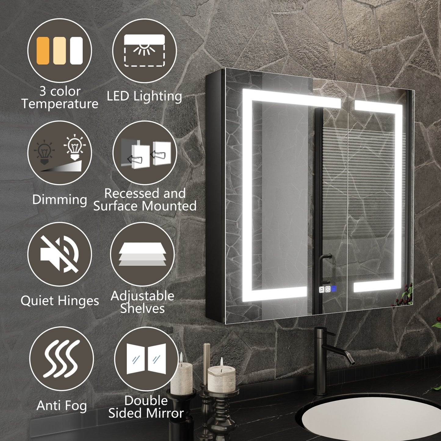 ExBrite 30-in x 30-in Lighted LED Fog Free Surface/Recessed Mount Matte Black Mirrored Soft Close Medicine Cabinet with Outlet