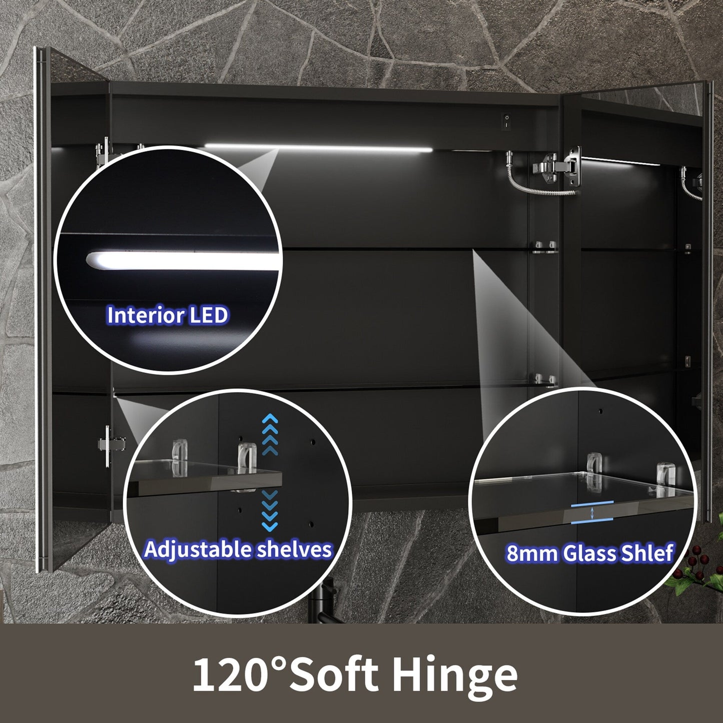 ExBrite 30-in x 30-in Lighted LED Fog Free Surface/Recessed Mount Matte Black Mirrored Soft Close Medicine Cabinet with Outlet