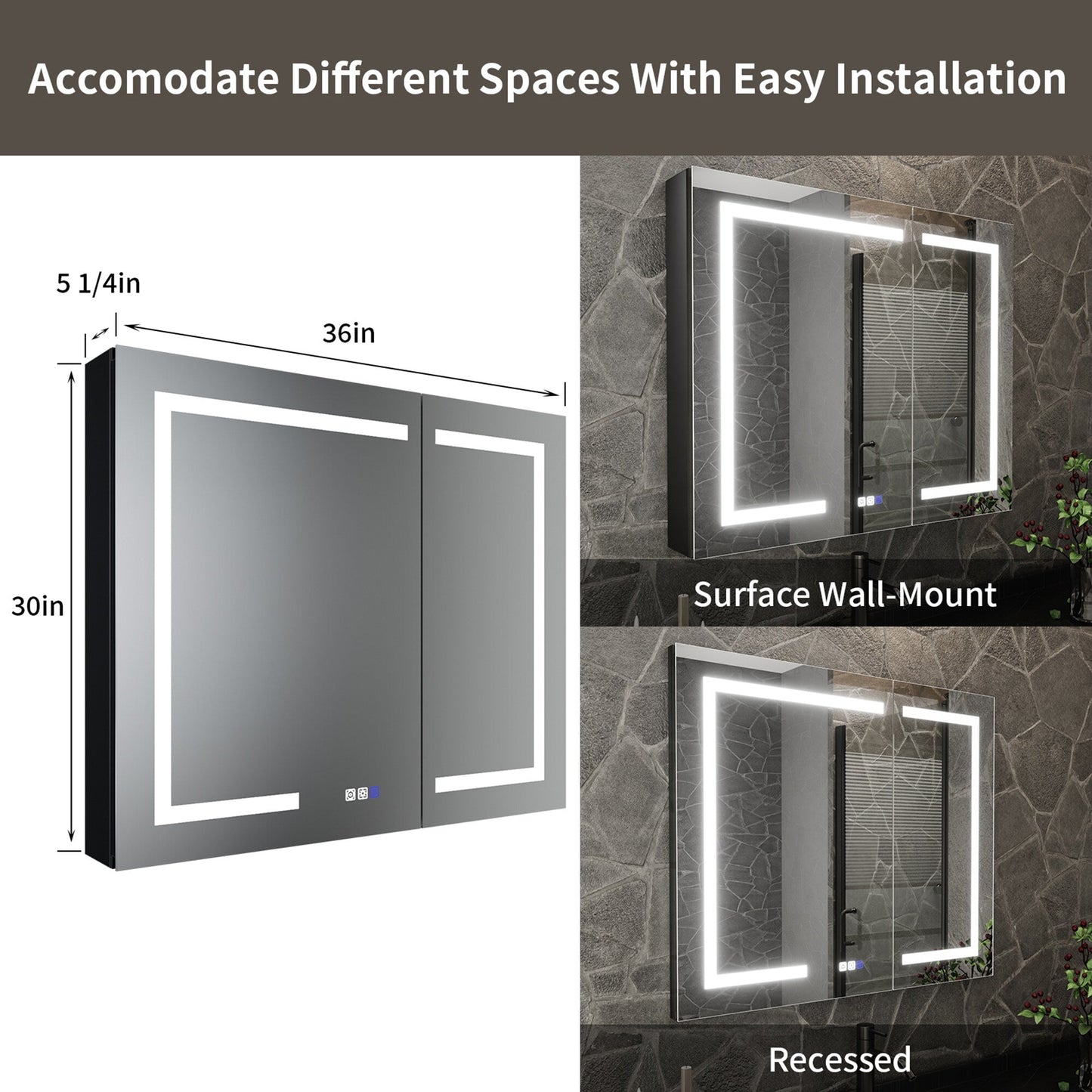ExBrite 36-in x 30-in Lighted LED Fog Free Surface/Recessed Mount Matte Black Mirrored Soft Close Medicine Cabinet with Outlet