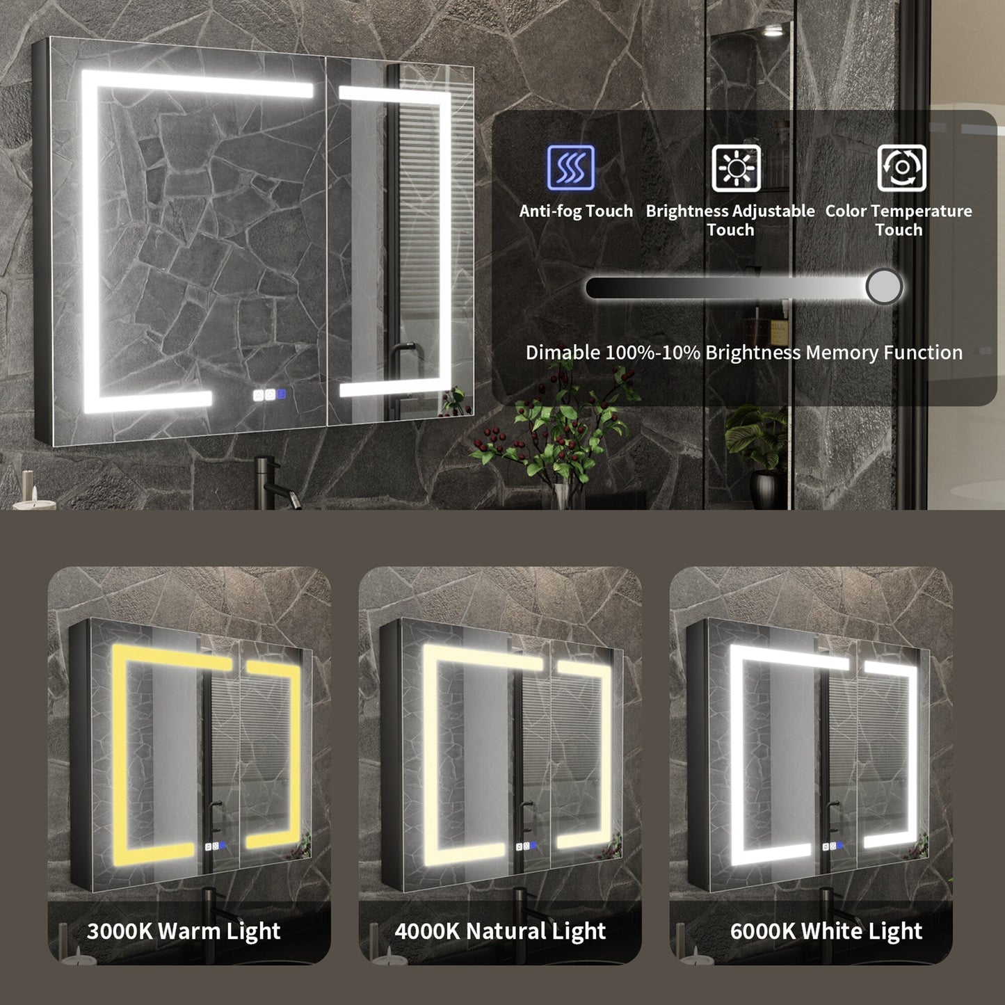 ExBrite 36-in x 30-in Lighted LED Fog Free Surface/Recessed Mount Matte Black Mirrored Soft Close Medicine Cabinet with Outlet