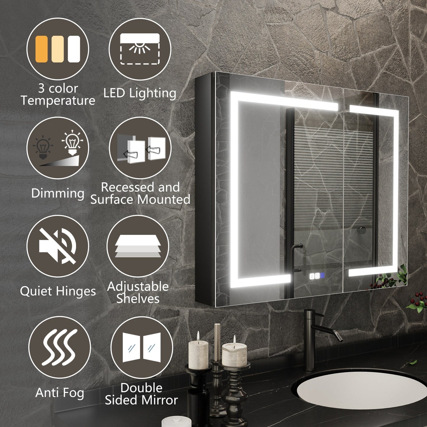 ExBrite 36-in x 30-in Lighted LED Fog Free Surface/Recessed Mount Matte Black Mirrored Soft Close Medicine Cabinet with Outlet