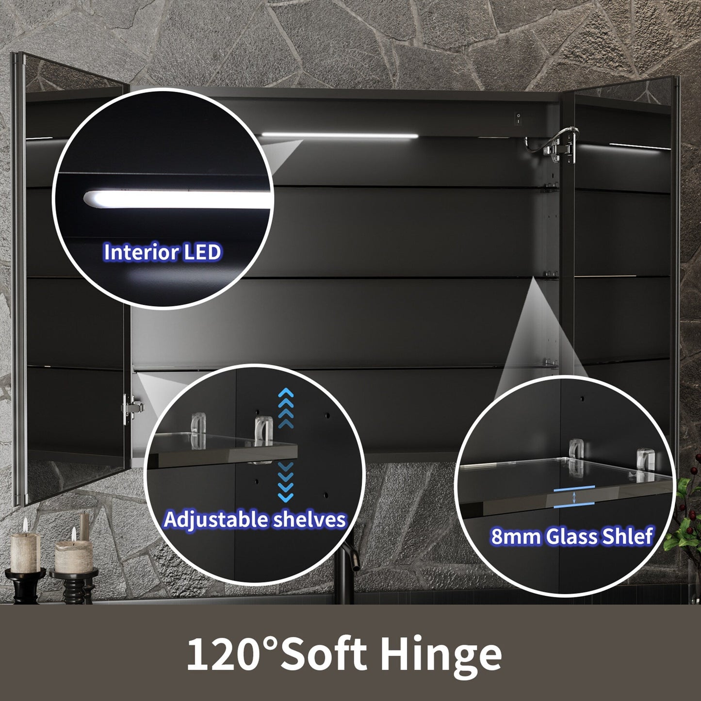 ExBrite 36-in x 30-in Lighted LED Fog Free Surface/Recessed Mount Matte Black Mirrored Soft Close Medicine Cabinet with Outlet