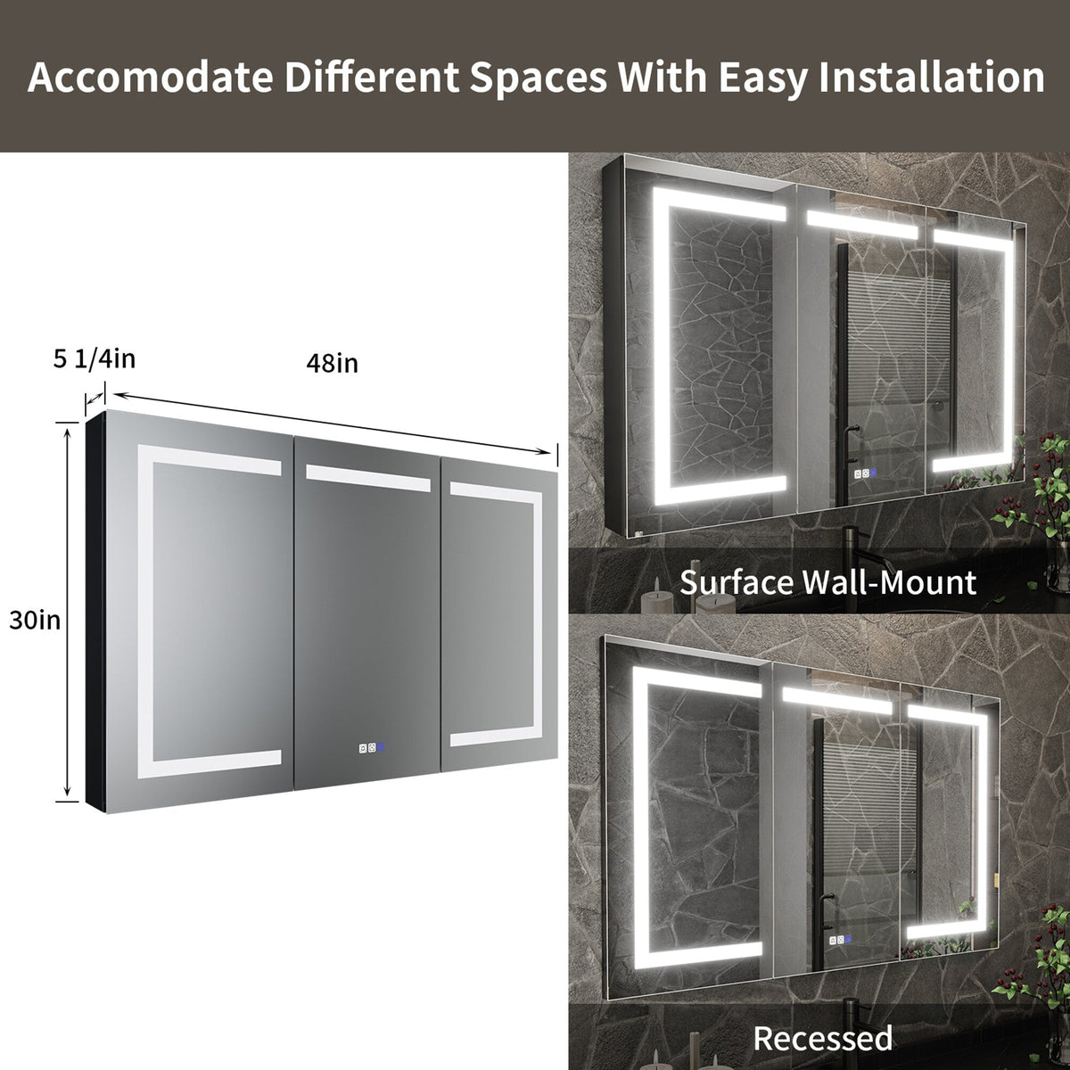ExBrite 48-in x 30-in Lighted LED Fog Free Surface/Recessed Mount Matte Black Mirrored Soft Close Medicine Cabinet with Outlet