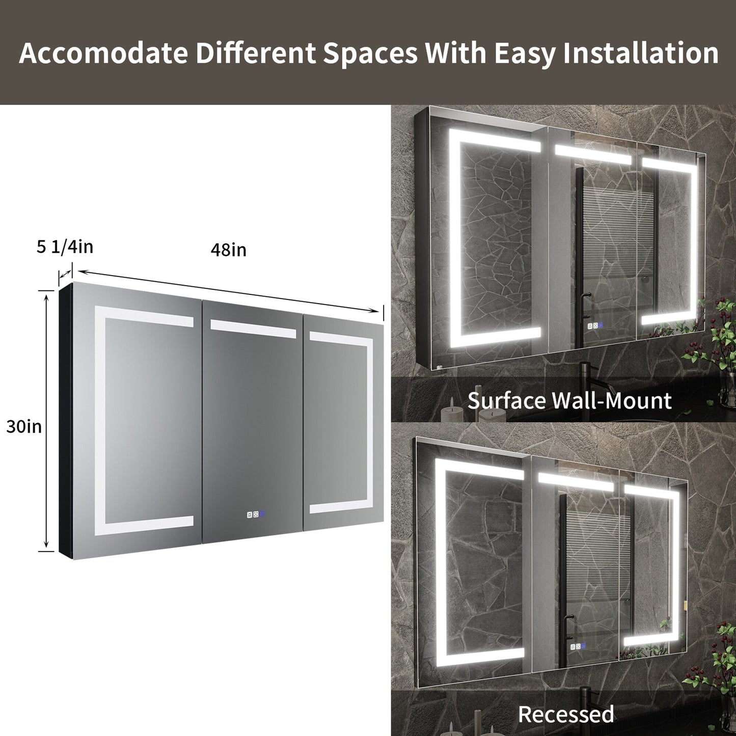 ExBrite 48-in x 30-in Lighted LED Fog Free Surface/Recessed Mount Matte Black Mirrored Soft Close Medicine Cabinet with Outlet