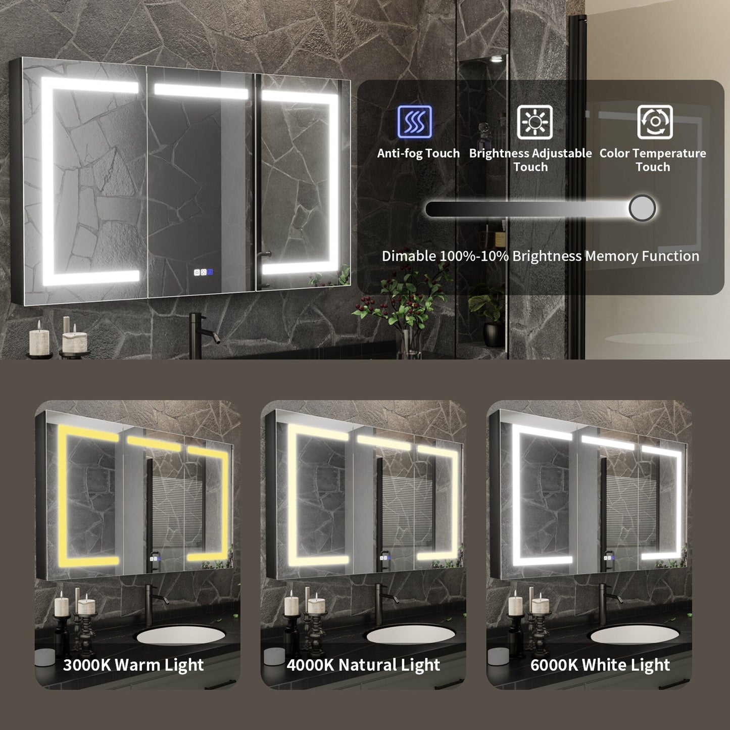 ExBrite 48-in x 30-in Lighted LED Fog Free Surface/Recessed Mount Matte Black Mirrored Soft Close Medicine Cabinet with Outlet