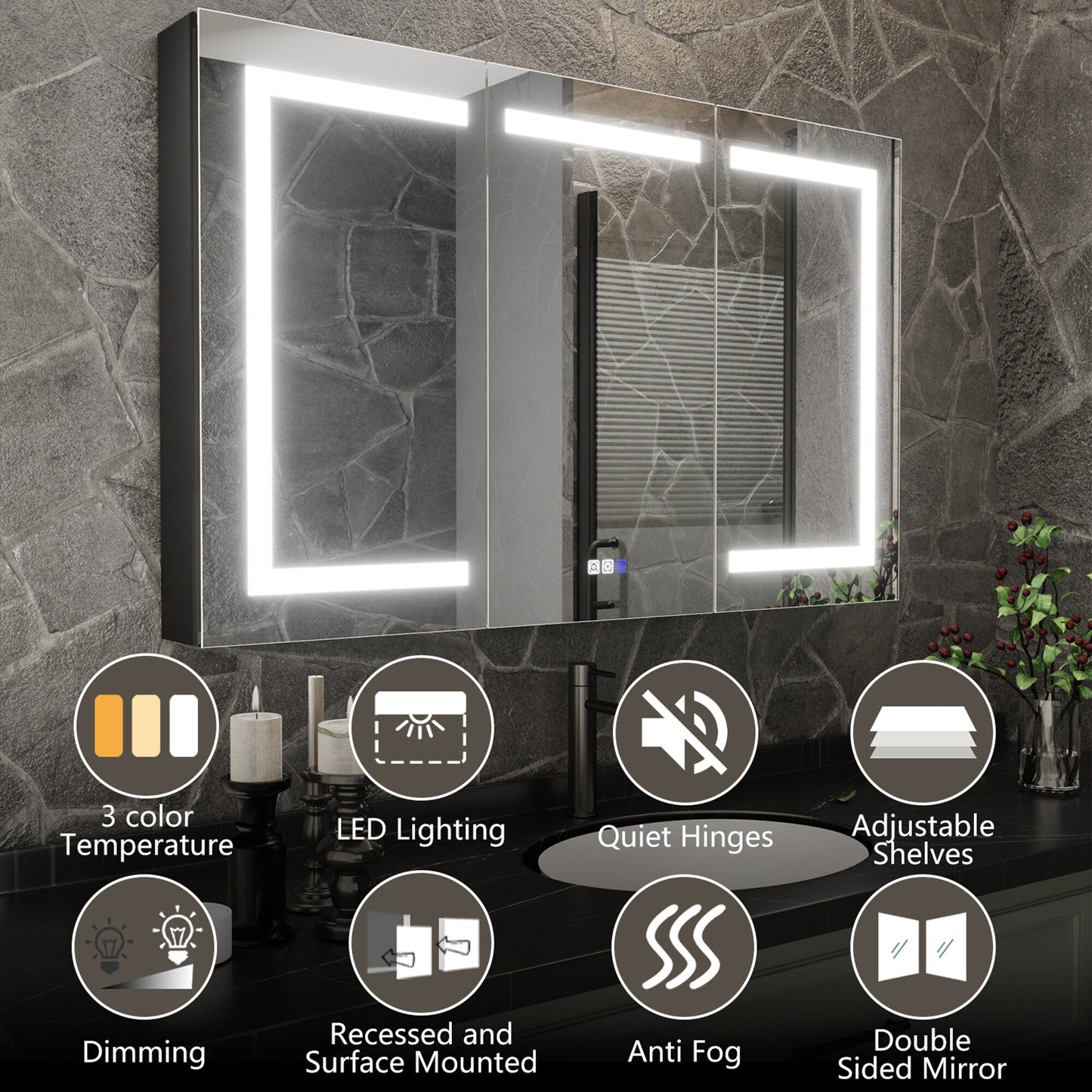 ExBrite 48-in x 30-in Lighted LED Fog Free Surface/Recessed Mount Matte Black Mirrored Soft Close Medicine Cabinet with Outlet