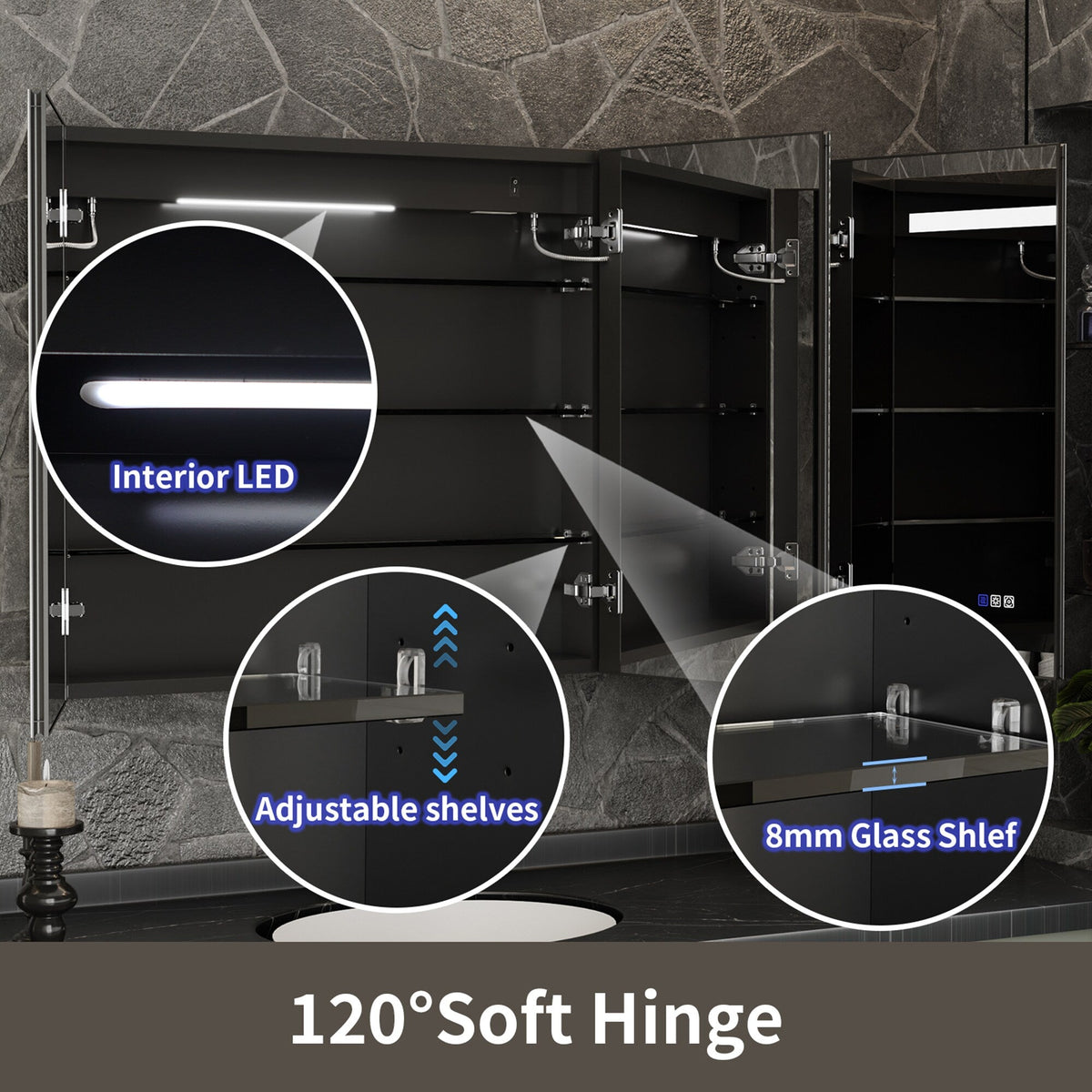 ExBrite 48-in x 30-in Lighted LED Fog Free Surface/Recessed Mount Matte Black Mirrored Soft Close Medicine Cabinet with Outlet