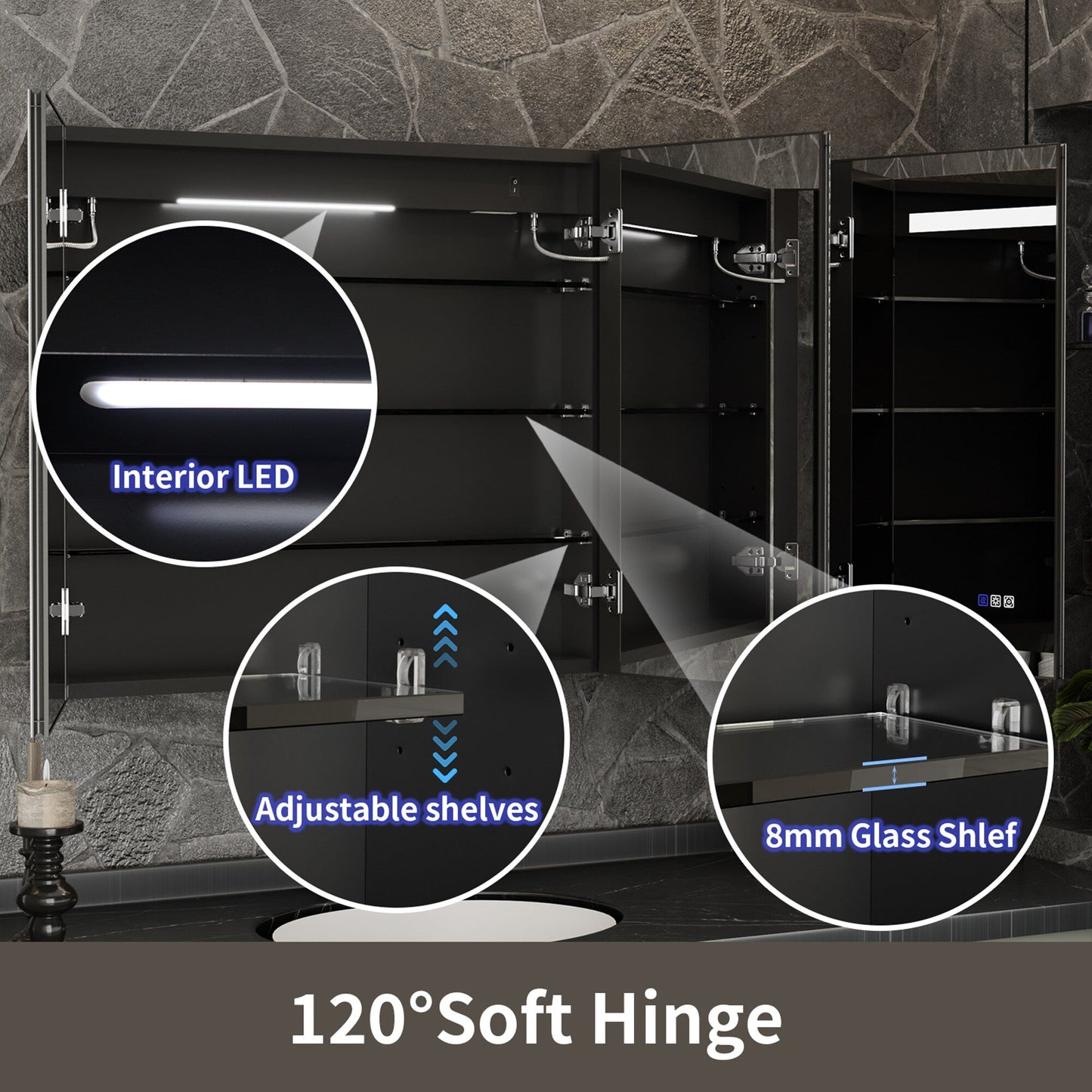 ExBrite 48-in x 30-in Lighted LED Fog Free Surface/Recessed Mount Matte Black Mirrored Soft Close Medicine Cabinet with Outlet