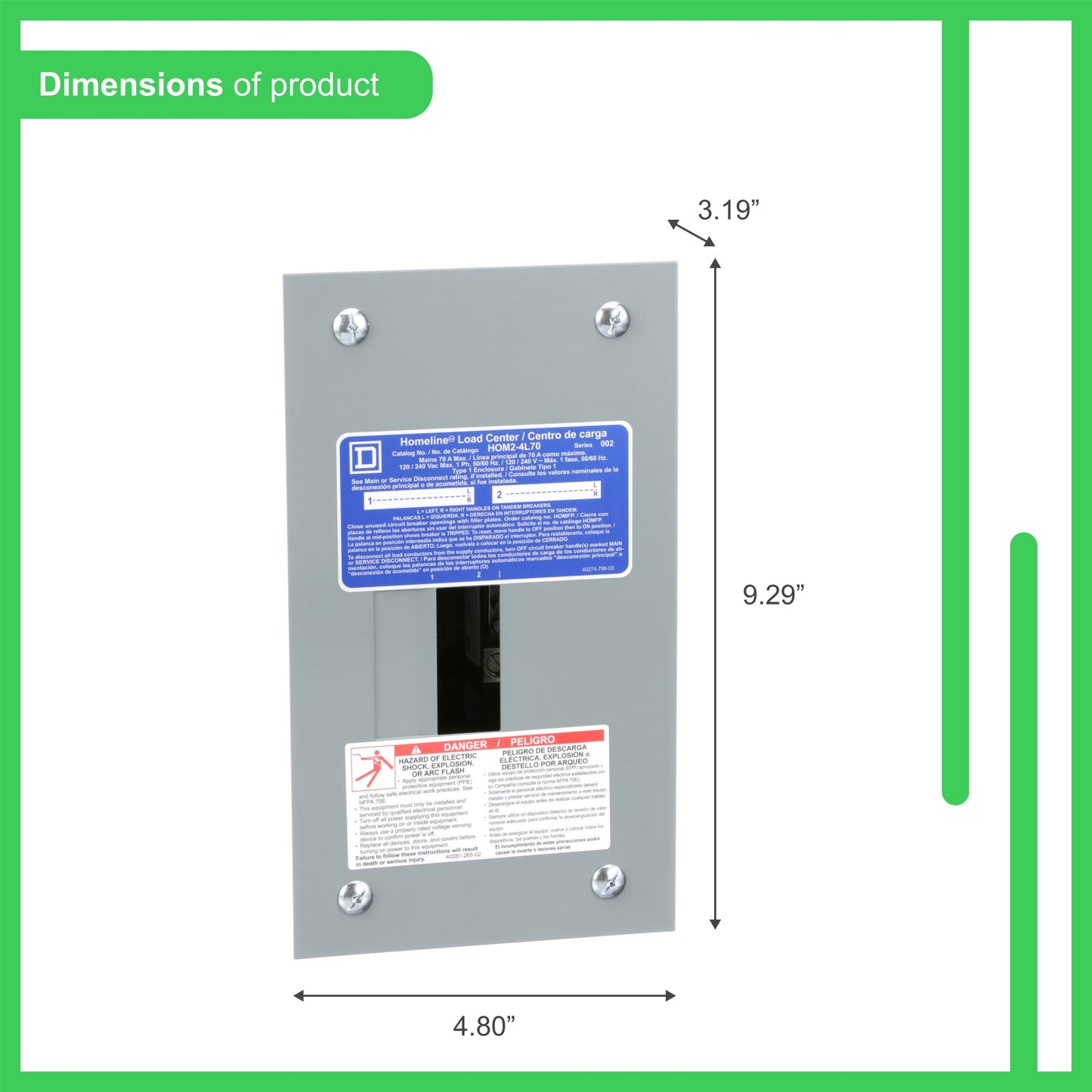 Square D Homeline 70-Amp 2-space load center - angle view