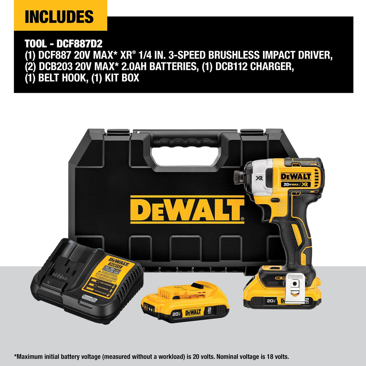 DEWALT XR 20-Volt MAX Brushless 1/4-in 3-Speed Cordless Impact Driver Kit, 2 x 2.0Ah Batteries, Charger & Hard Case