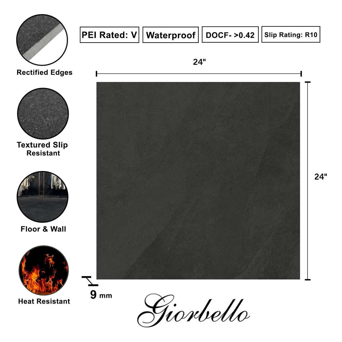 Giorbello Hurricane Black 24-in x 24-in Glazed Porcelain Stone Look Floor and Wall Tile (12-sq. ft/ Carton)