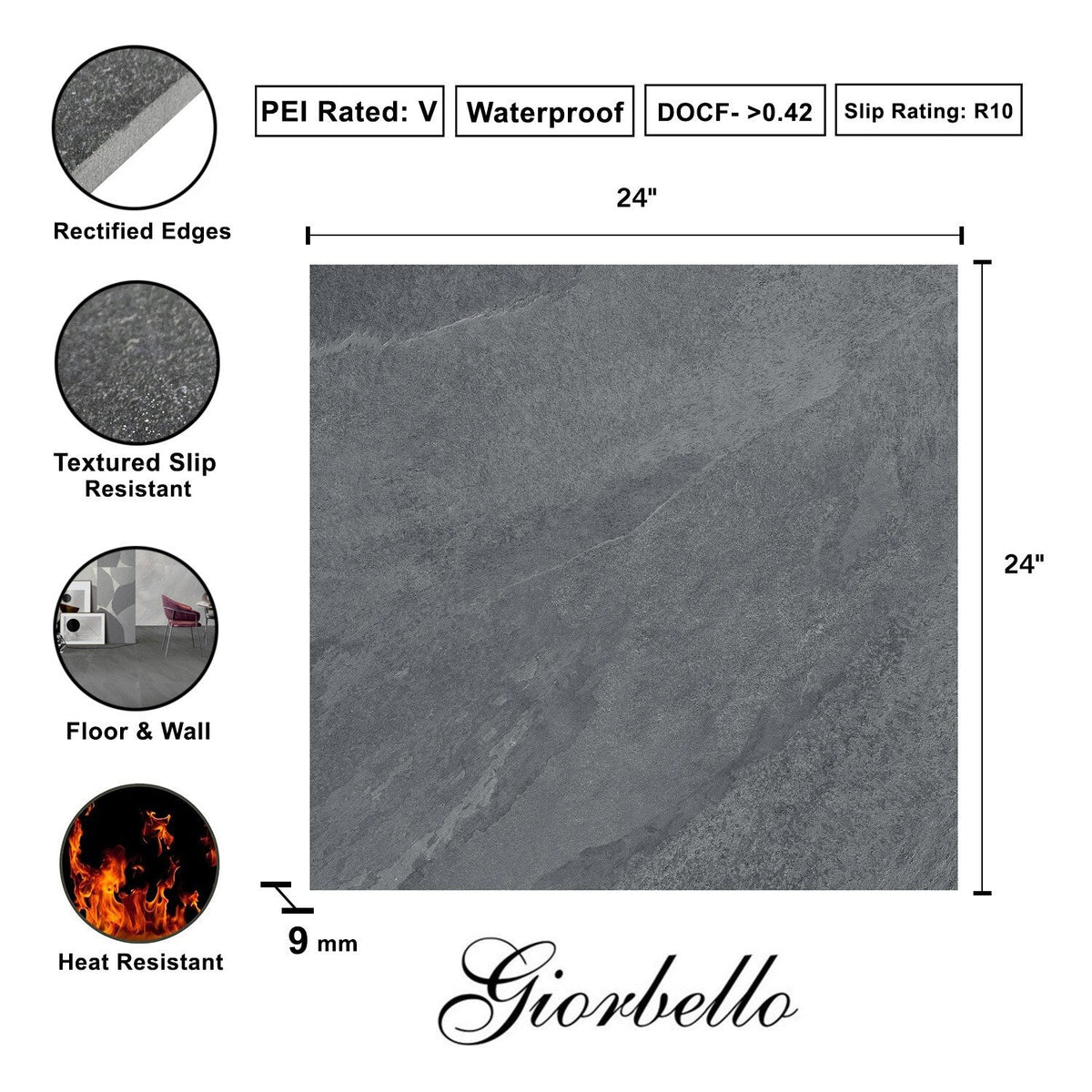 Giorbello Hurricane Coal 24-in x 24-in Glazed Porcelain Stone Look Floor and Wall Tile (12-sq. ft/ Carton)