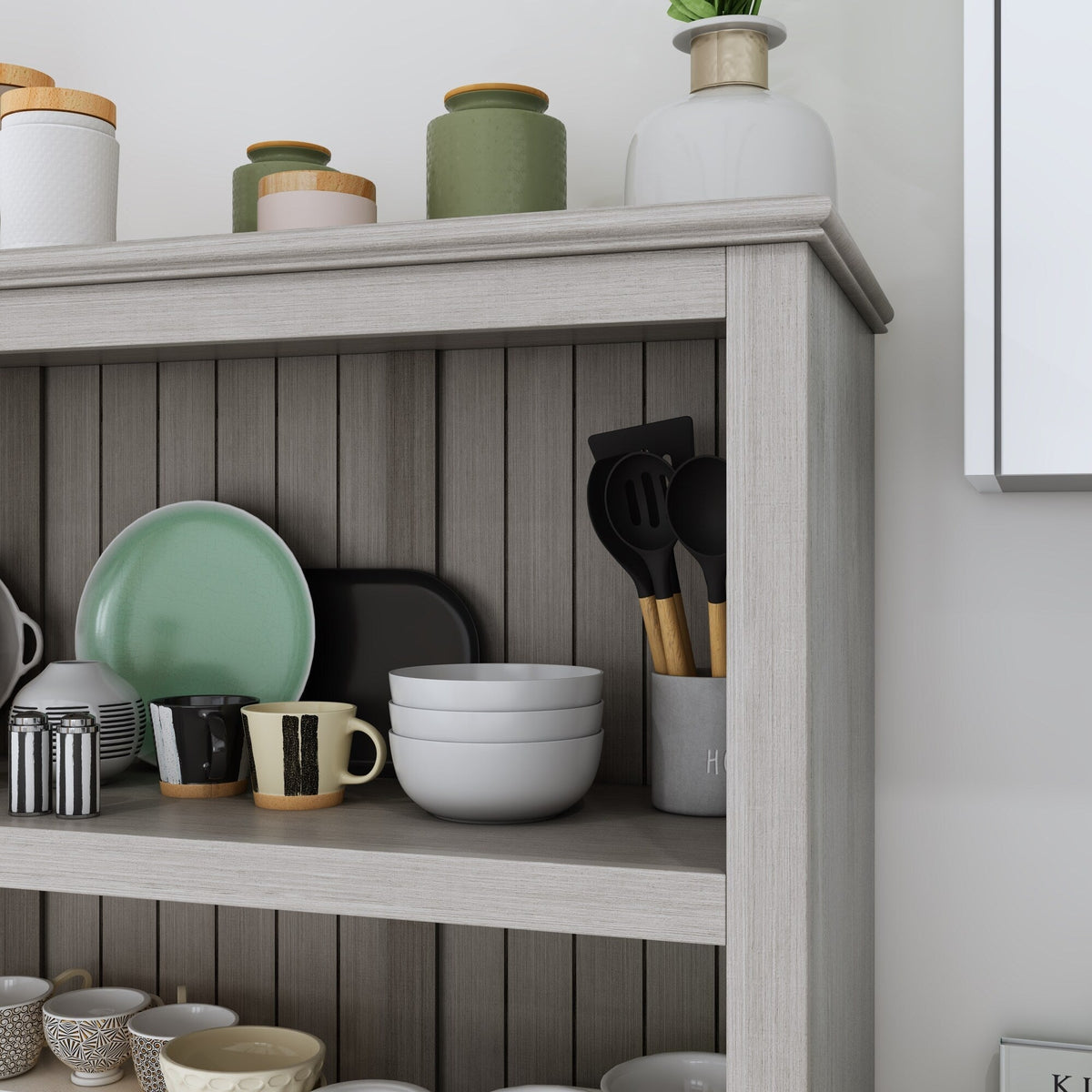 FUFU&GAGA Rustic Gray Kitchen Pantry Cabinet with 3 Shelves and 4 Drawers - Country/Cottage Style