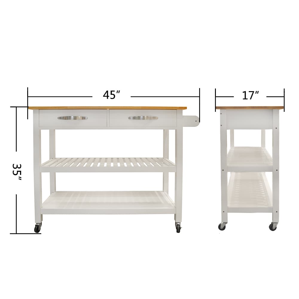 Miki Shinly White Mdf Base with Wood Top Rolling Kitchen Island (17-in x 35-in x 45-in)