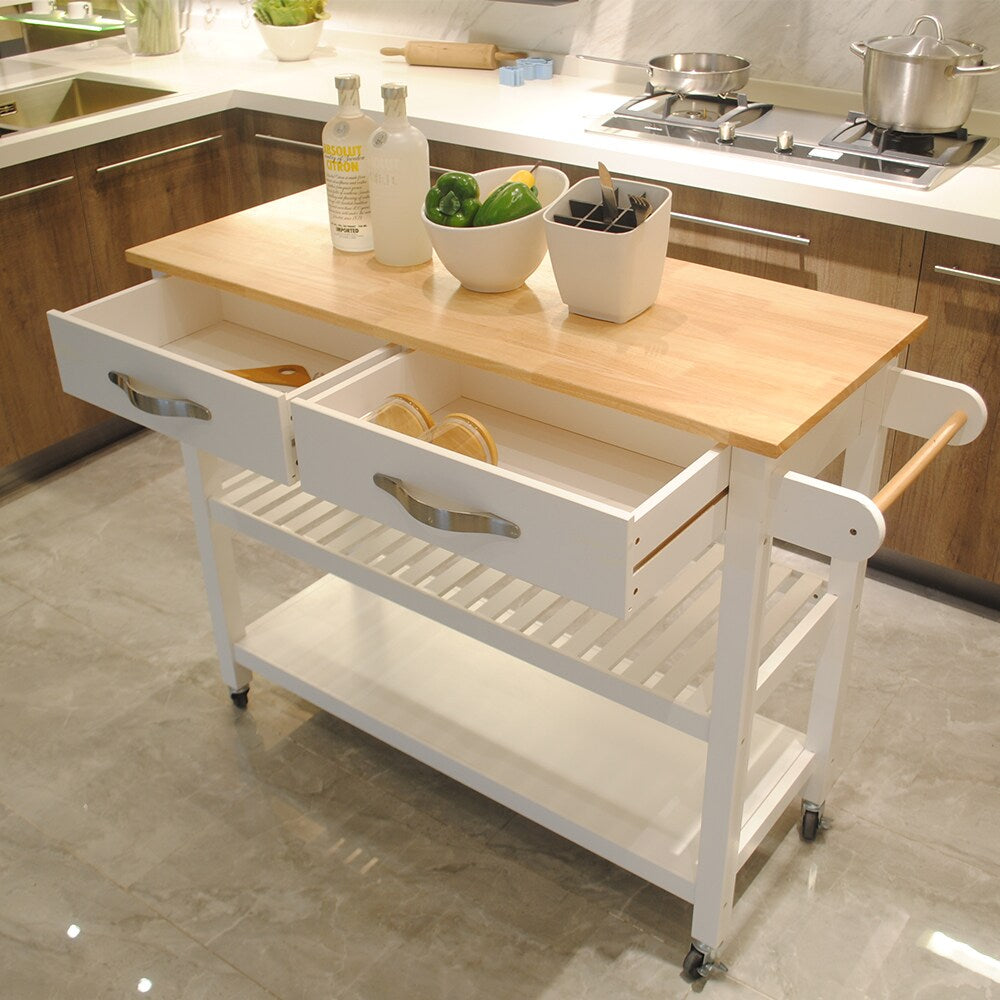 Miki Shinly White Mdf Base with Wood Top Rolling Kitchen Island (17-in x 35-in x 45-in)