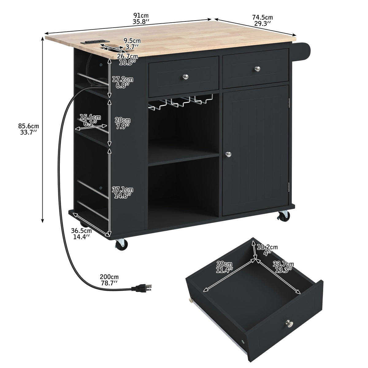 Miki Shinly Black Mdf Base with Mdf Top Rolling Kitchen Island (29.33-in x 39.8-in x 33.7-in)