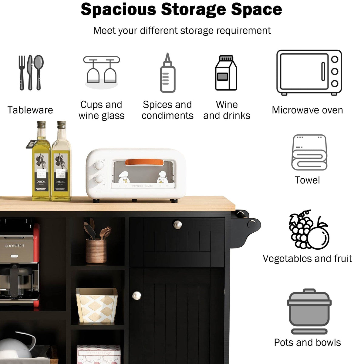 Miki Shinly Black Mdf Base with Mdf Top Rolling Kitchen Island (22.83-in x 50.8-in x 9.06-in)