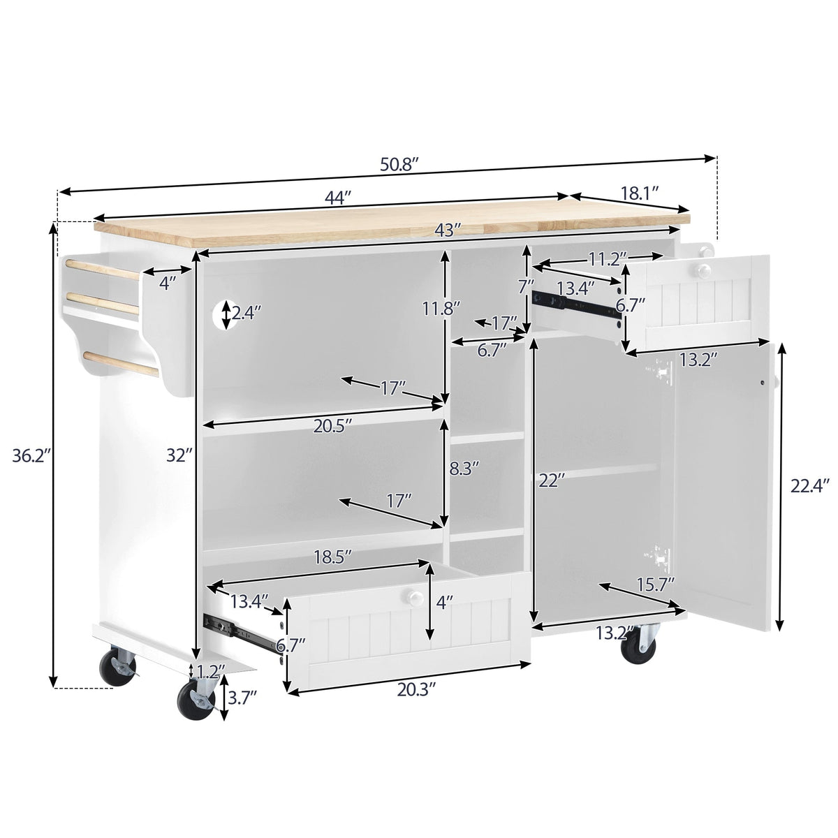 Miki Shinly White Mdf Base with Mdf Top Rolling Kitchen Island (18.1-in x 50.8-in x 36.2-in)