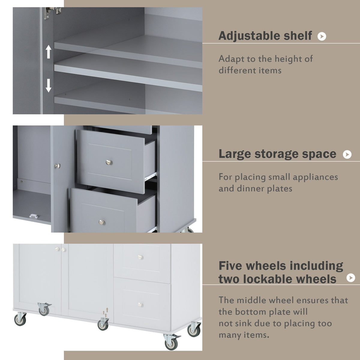 Miki Shinly Gray Mdf Base with Mdf Top Rolling Kitchen Island (29.5-in x 52.76-in x 36.81-in)