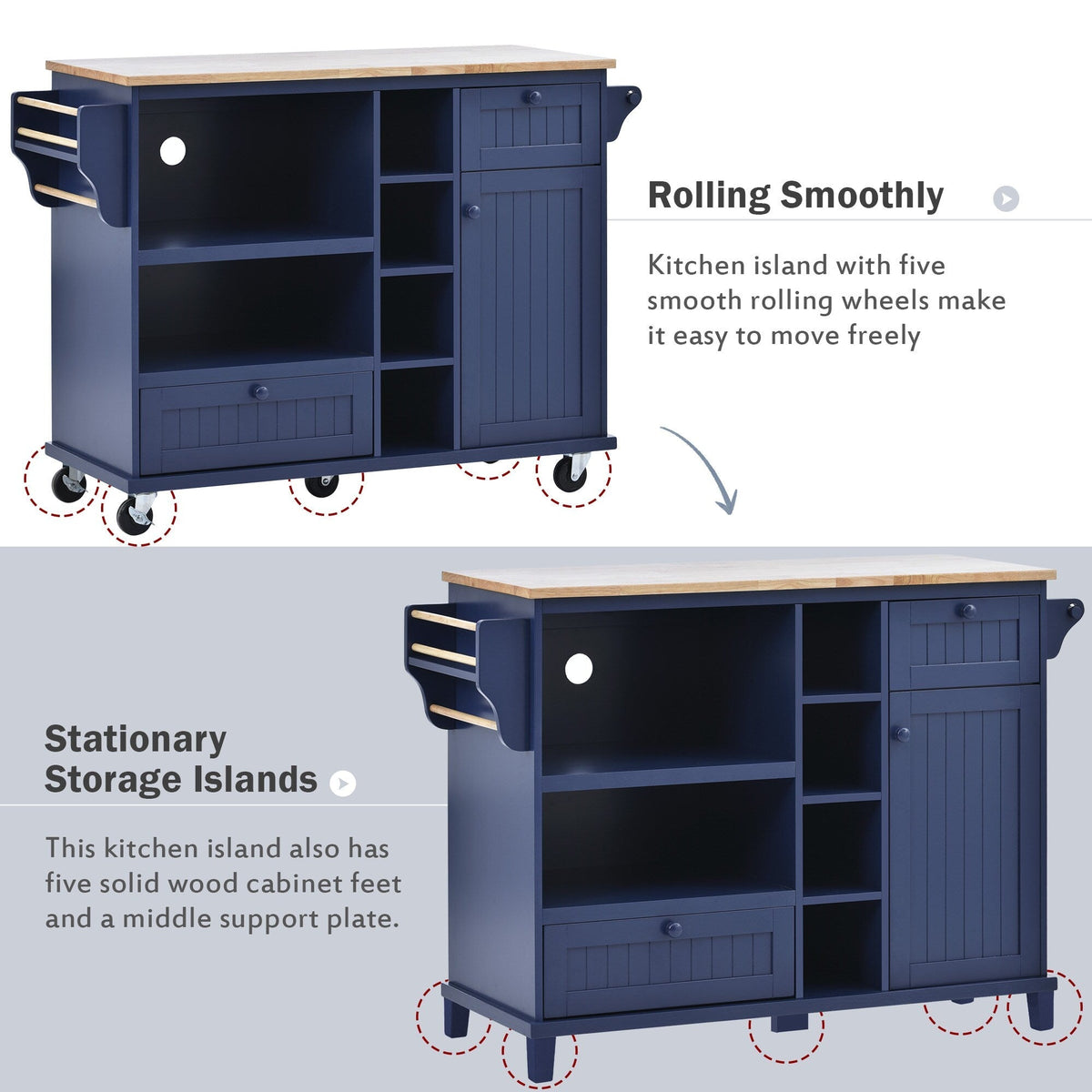 Miki Shinly Blue Mdf Base with Mdf Top Rolling Kitchen Island (29.5-in x 52.76-in x 36.81-in)