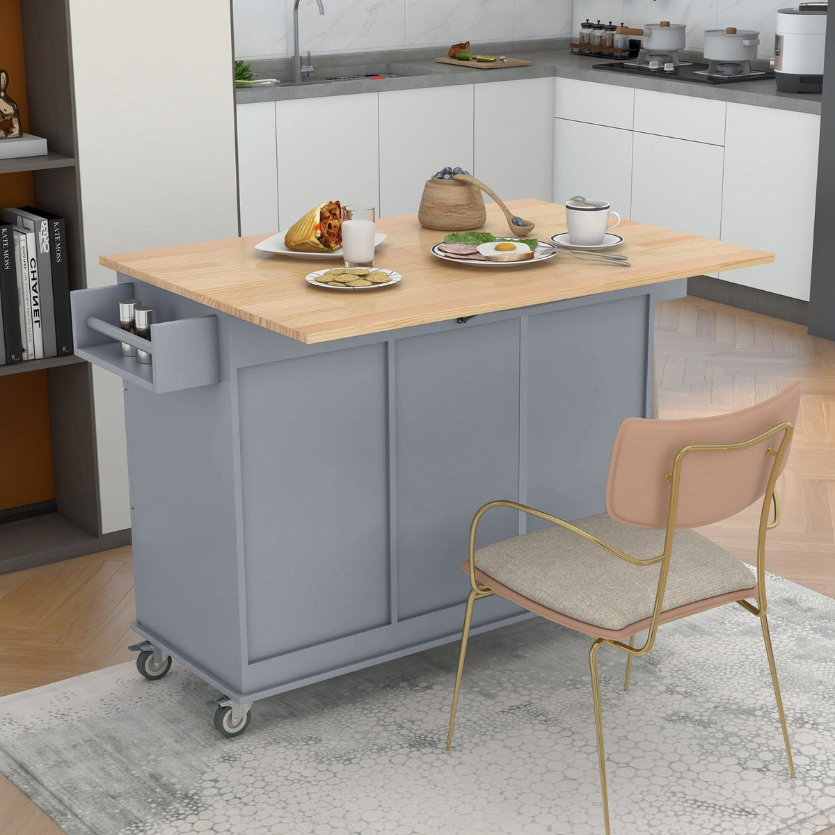 Miki Shinly Gray Mdf Base with Mdf Top Rolling Kitchen Island (29.5-in x 52.76-in x 36.81-in)