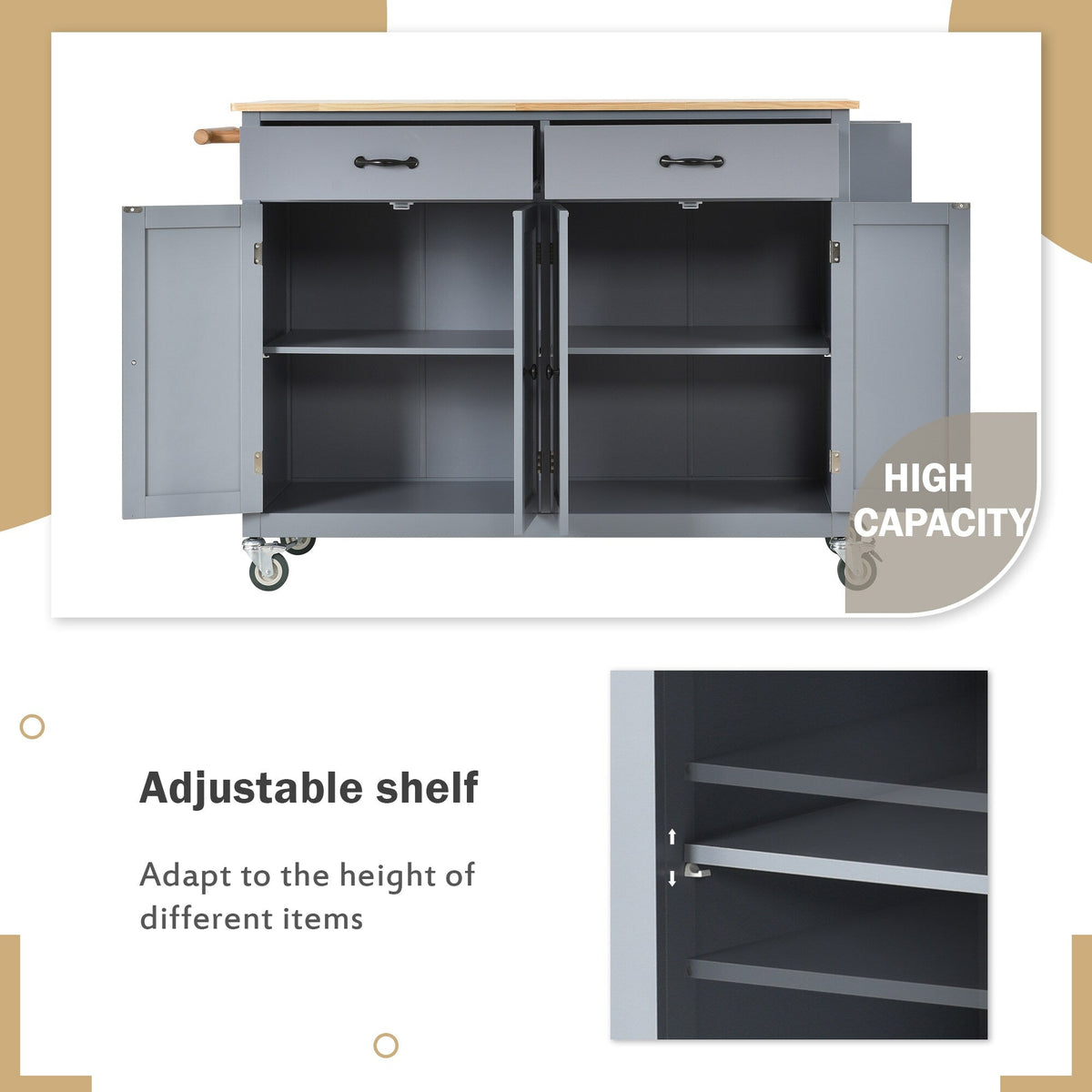 Miki Shinly Gray Mdf Base with Wood Top Rolling Kitchen Island (18.5-in x 54.33-in x 36.22-in)