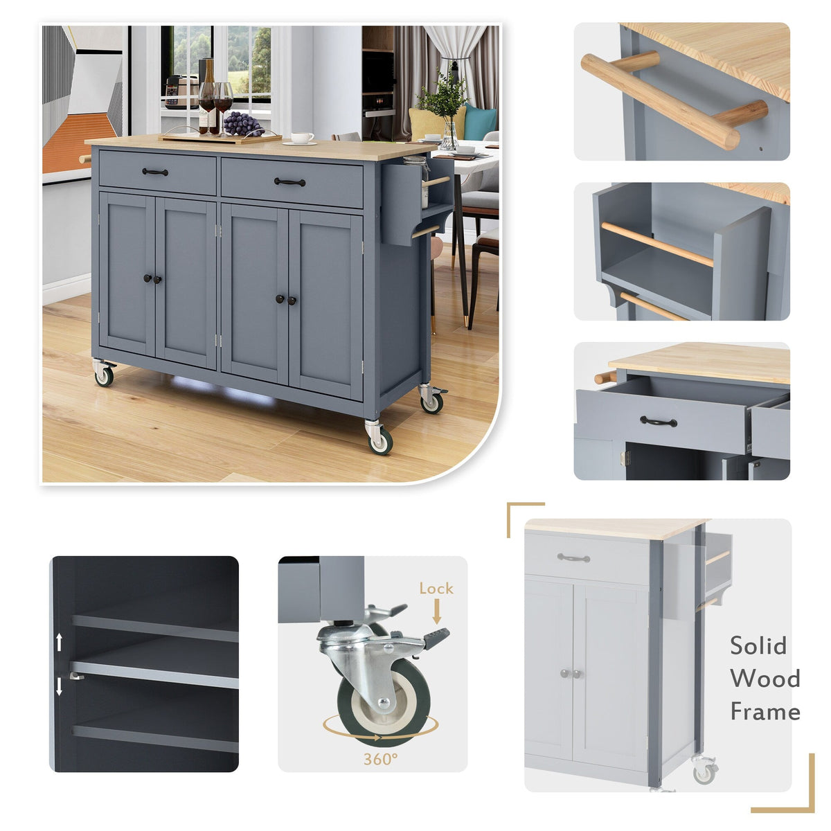 Miki Shinly Gray Mdf Base with Wood Top Rolling Kitchen Island (18.5-in x 54.33-in x 36.22-in)