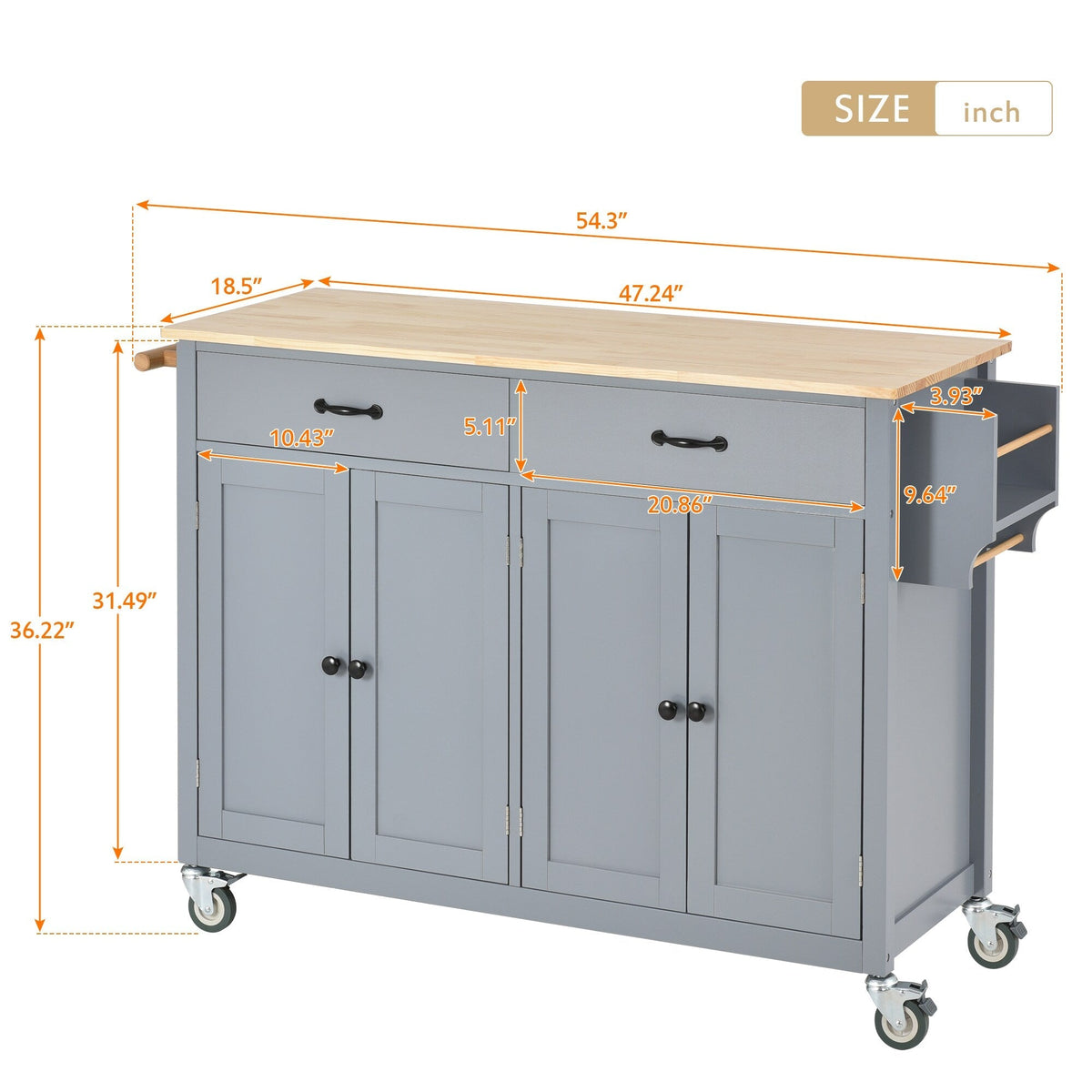 Miki Shinly Gray Mdf Base with Wood Top Rolling Kitchen Island (18.5-in x 54.33-in x 36.22-in)