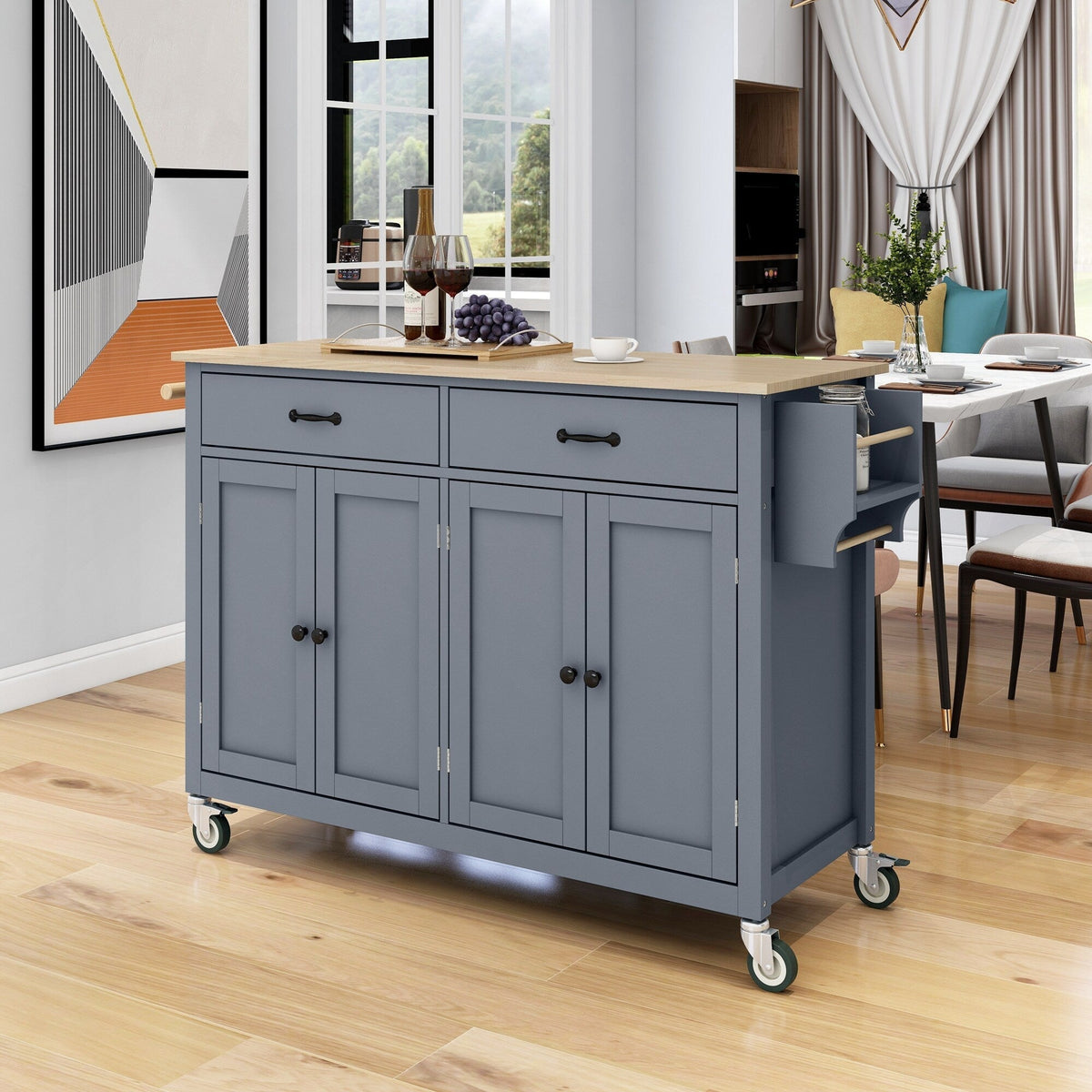 Miki Shinly Gray Mdf Base with Wood Top Rolling Kitchen Island (18.5-in x 54.33-in x 36.22-in)