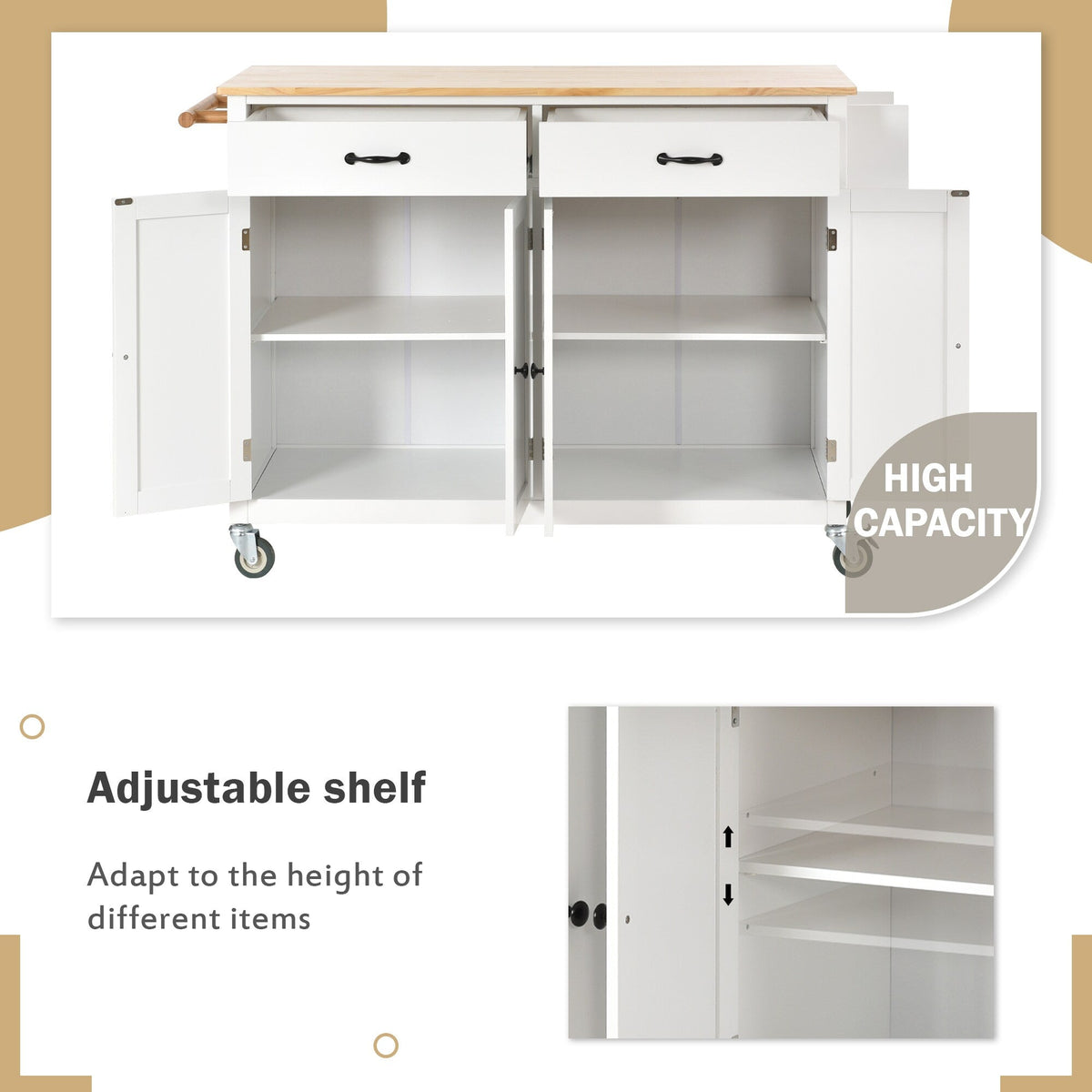Miki Shinly White Mdf Base with Wood Top Rolling Kitchen Island (18.5-in x 54.33-in x 36.22-in)