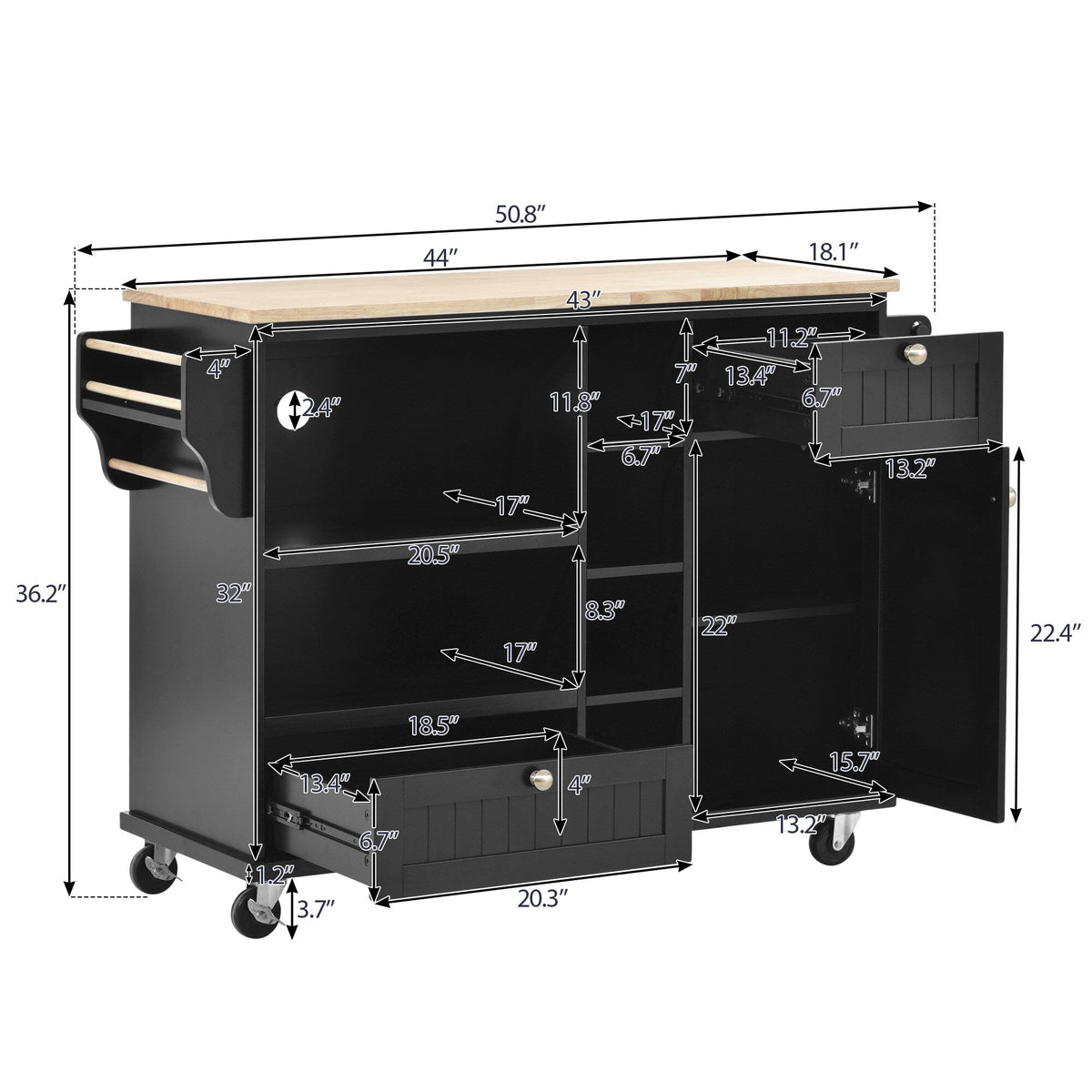 Miki Shinly Black Mdf Base with Mdf Top Rolling Kitchen Island (22.83-in x 50.8-in x 9.06-in)