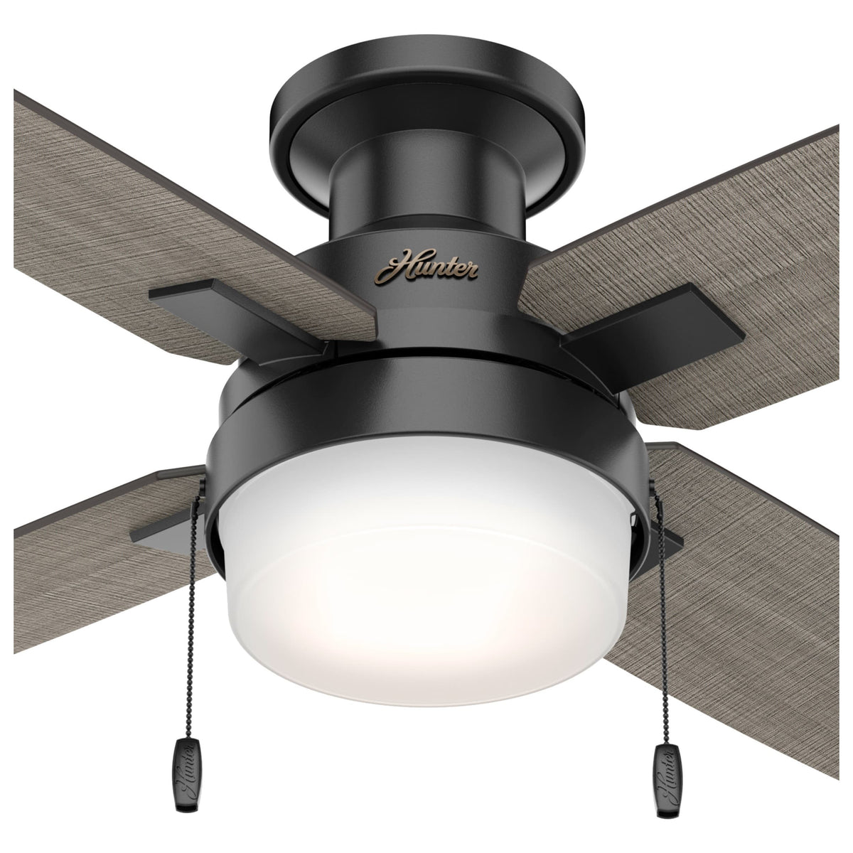 Hunter Port Haven LED 44-in Matte Black Indoor/Outdoor Flush Mount Ceiling Fan with Light Kit, 4-Blade