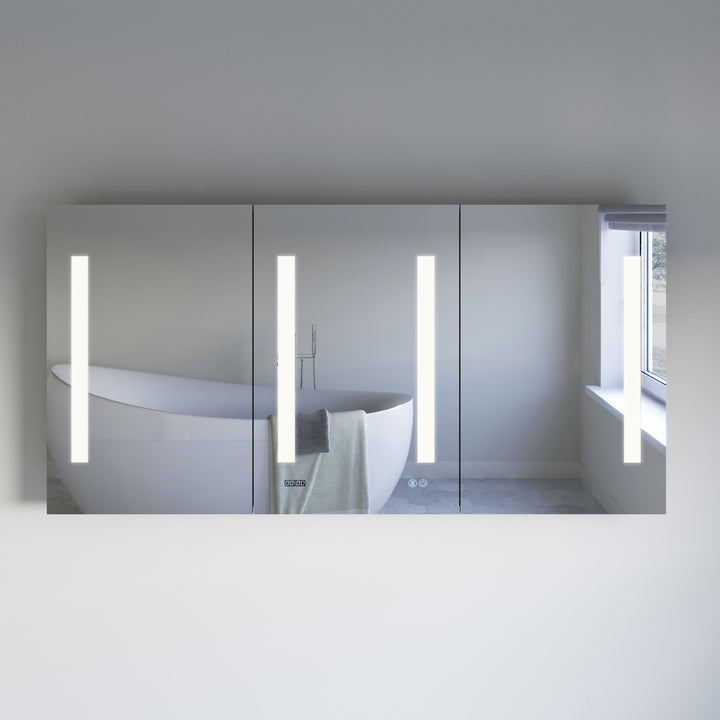 Fresca 59-in x 30-in Lighted LED Fog Free Surface/Recessed Mount Silver Mirrored Soft Close Medicine Cabinet with Outlet
