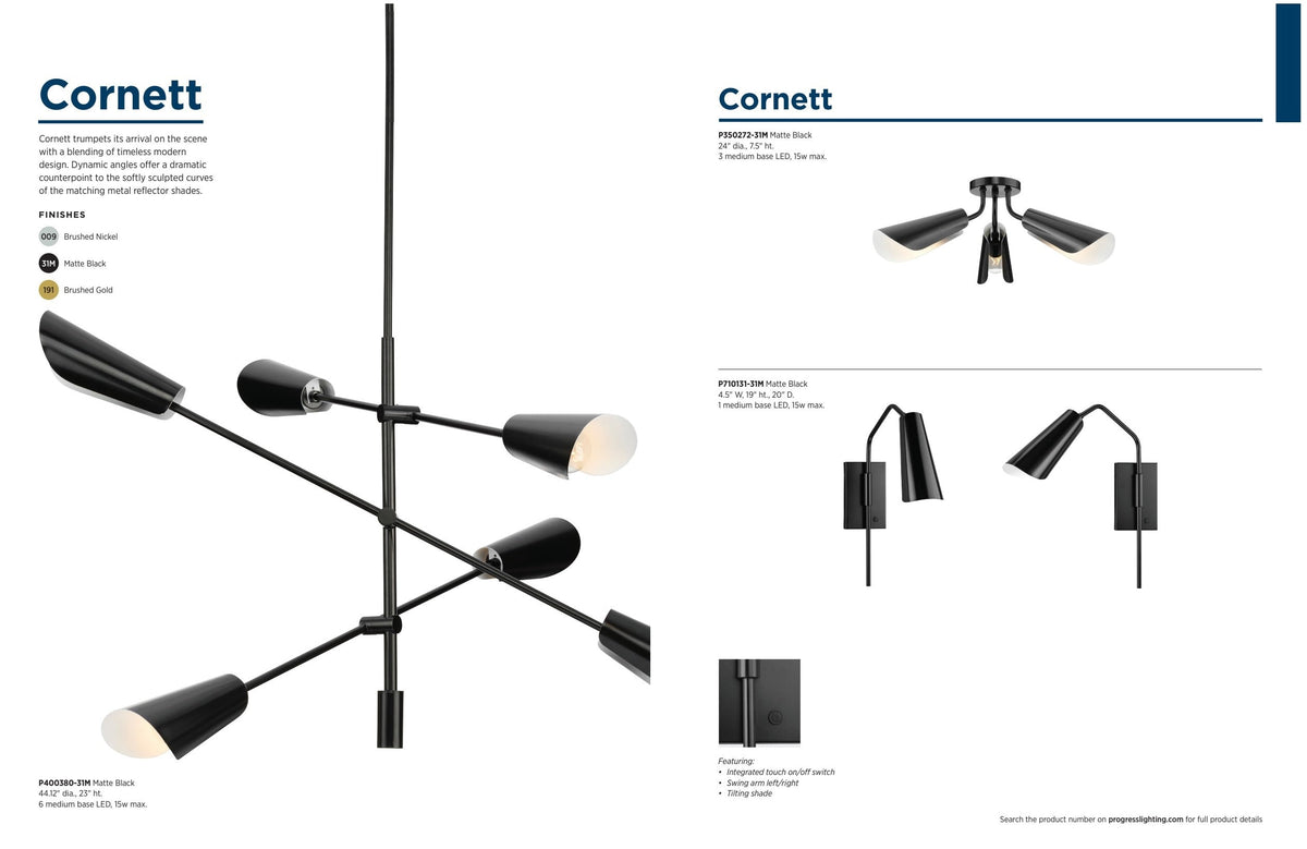 Progress Lighting Cornett 6-Light Matte Black Modern/Contemporary Led Chandelier