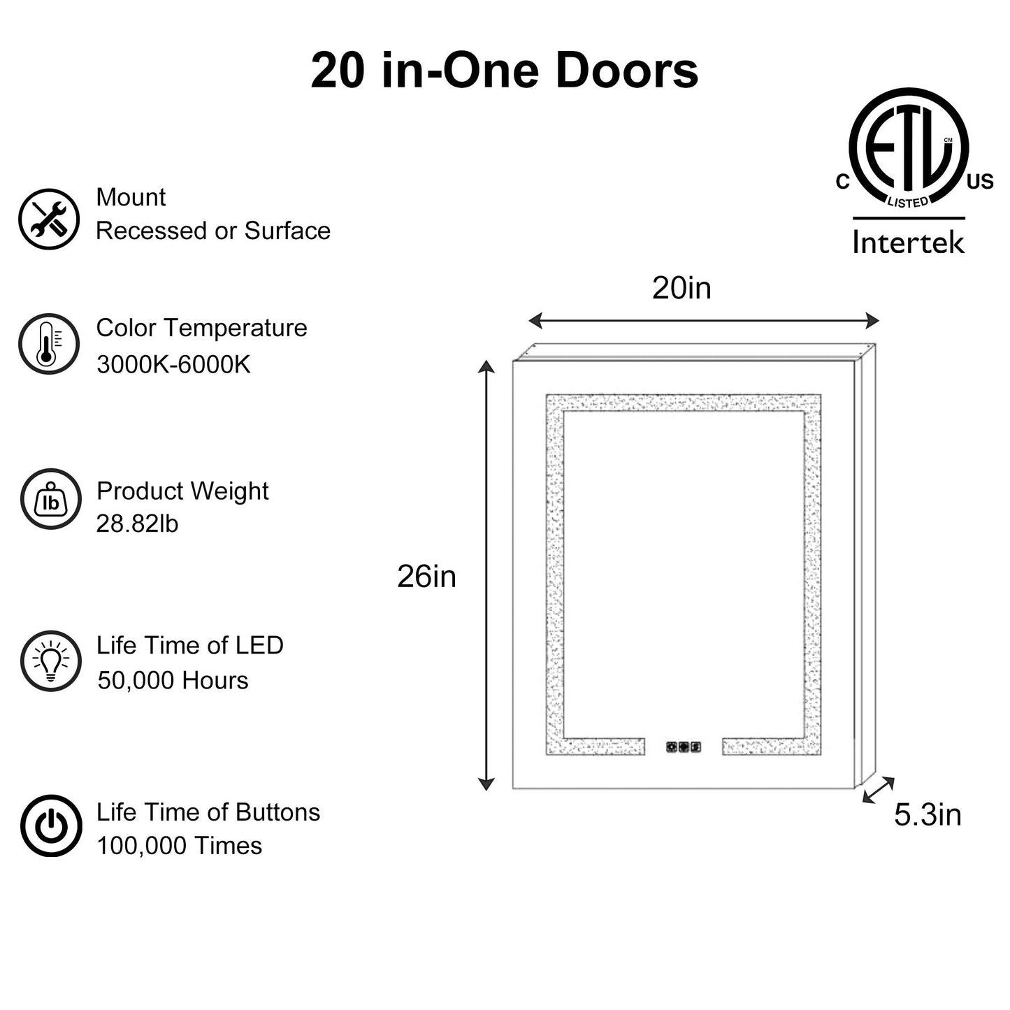ExBrite Opale 20-in x 26-in Lighted LED Fog Free Surface/Recessed Mount Silver- 26"h- Right Mirrored Soft Close Medicine Cabinet with Outlet
