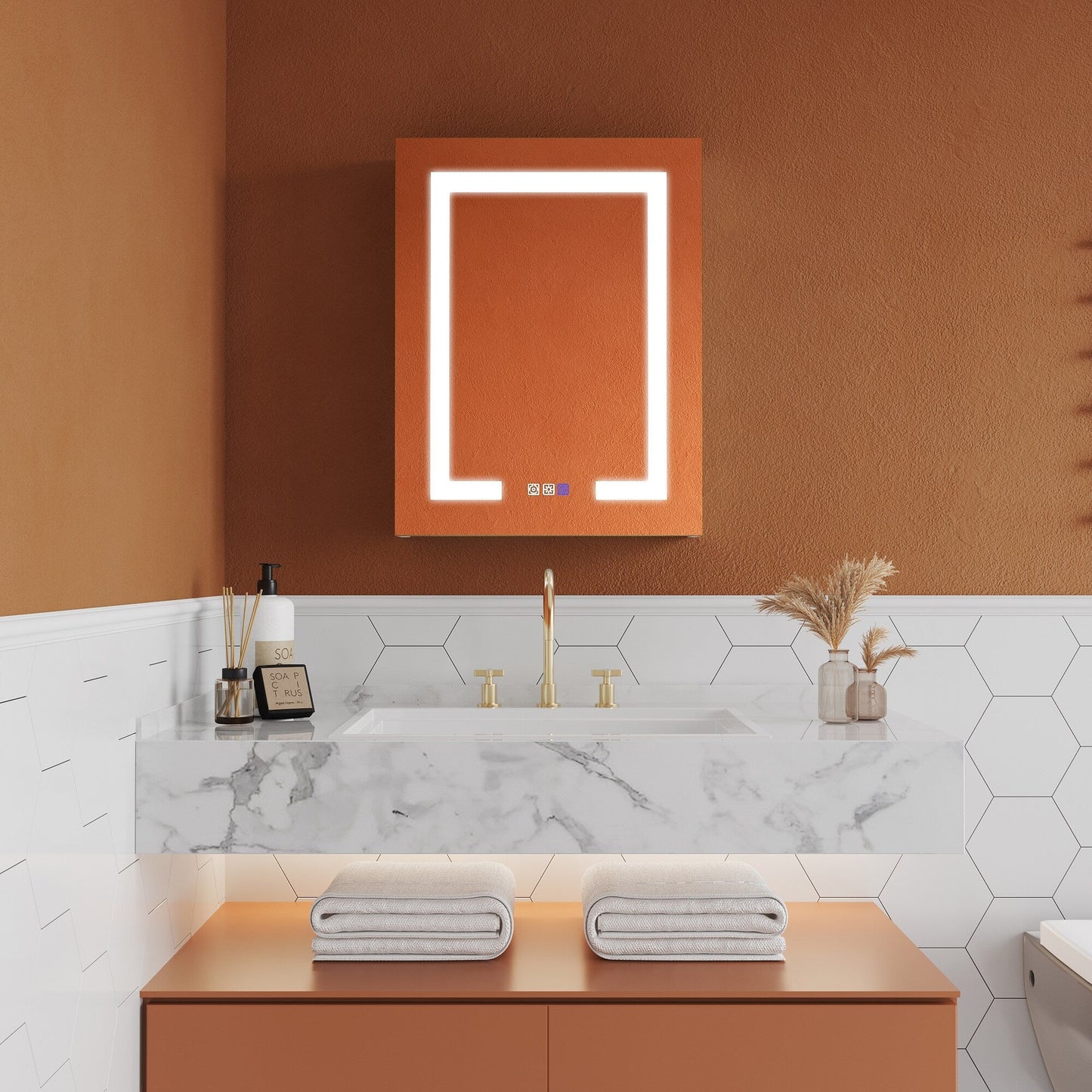 ExBrite Opale 20-in x 26-in Lighted LED Fog Free Surface/Recessed Mount Silver- 26"h- Right Mirrored Soft Close Medicine Cabinet with Outlet