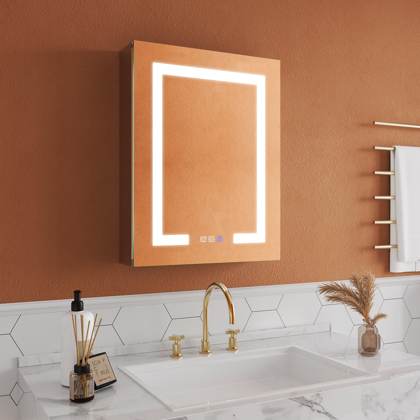 ExBrite Opale 20-in x 26-in Lighted LED Fog Free Surface/Recessed Mount Silver- 26"h- Right Mirrored Soft Close Medicine Cabinet with Outlet