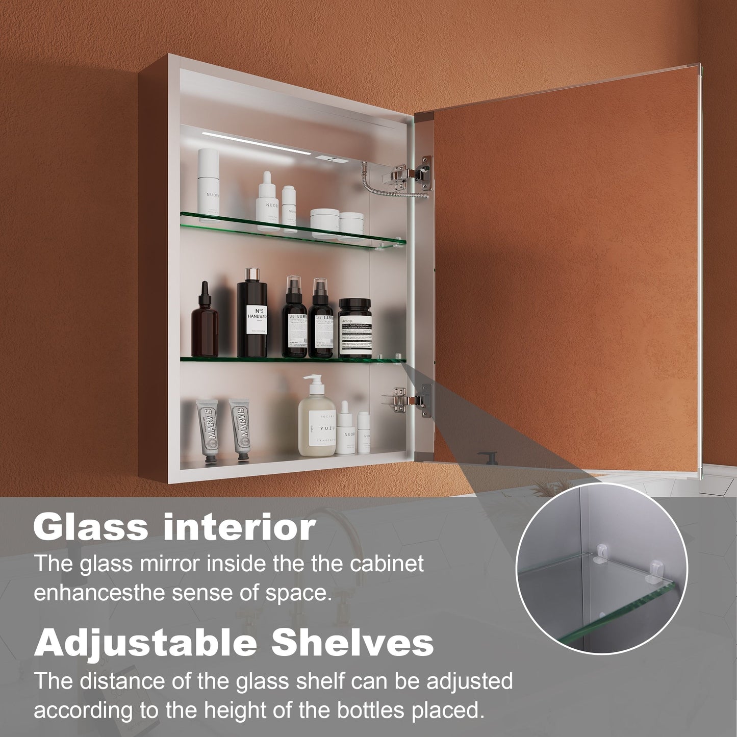 ExBrite Opale 20-in x 26-in Lighted LED Fog Free Surface/Recessed Mount Silver- 26"h- Right Mirrored Soft Close Medicine Cabinet with Outlet