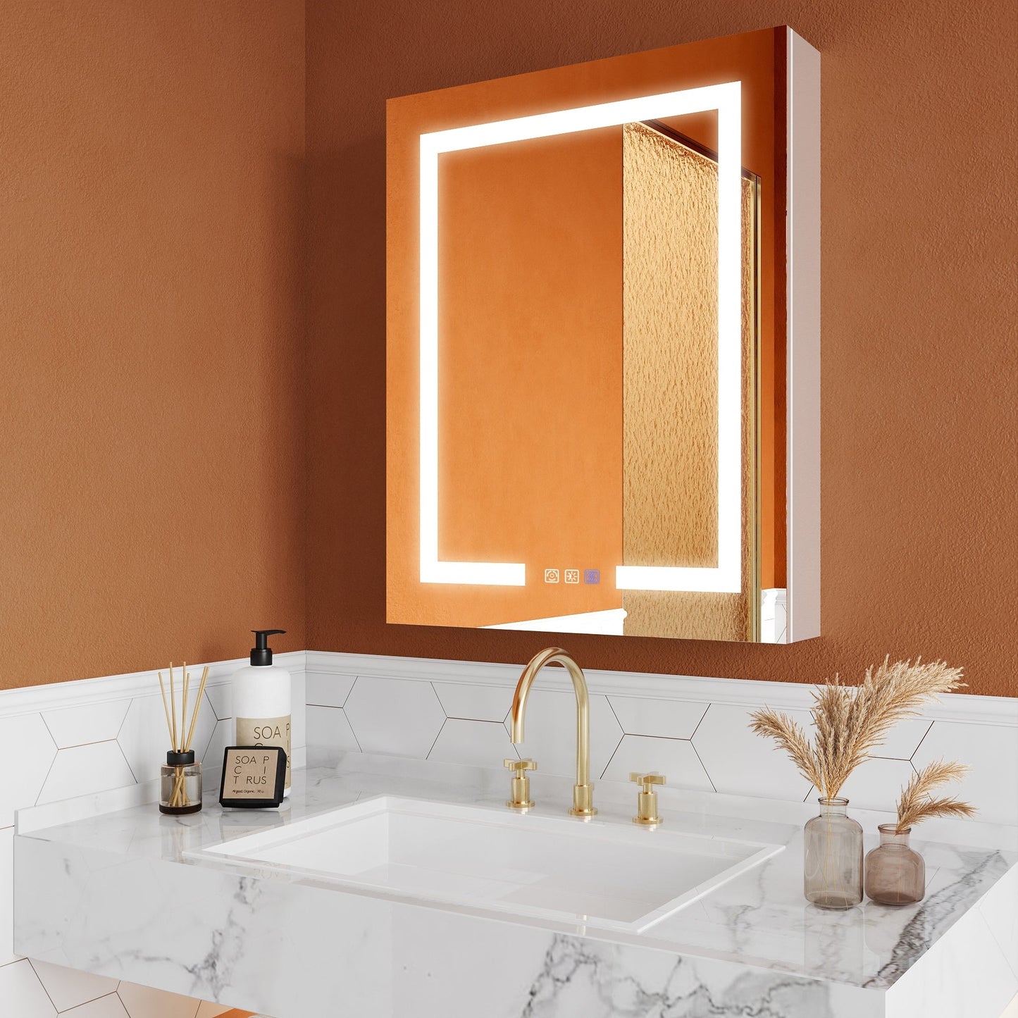 ExBrite Opale 24-in x 30-in Lighted LED Fog Free Surface/Recessed Mount Silver- 30"h- Left Mirrored Soft Close Medicine Cabinet with Outlet