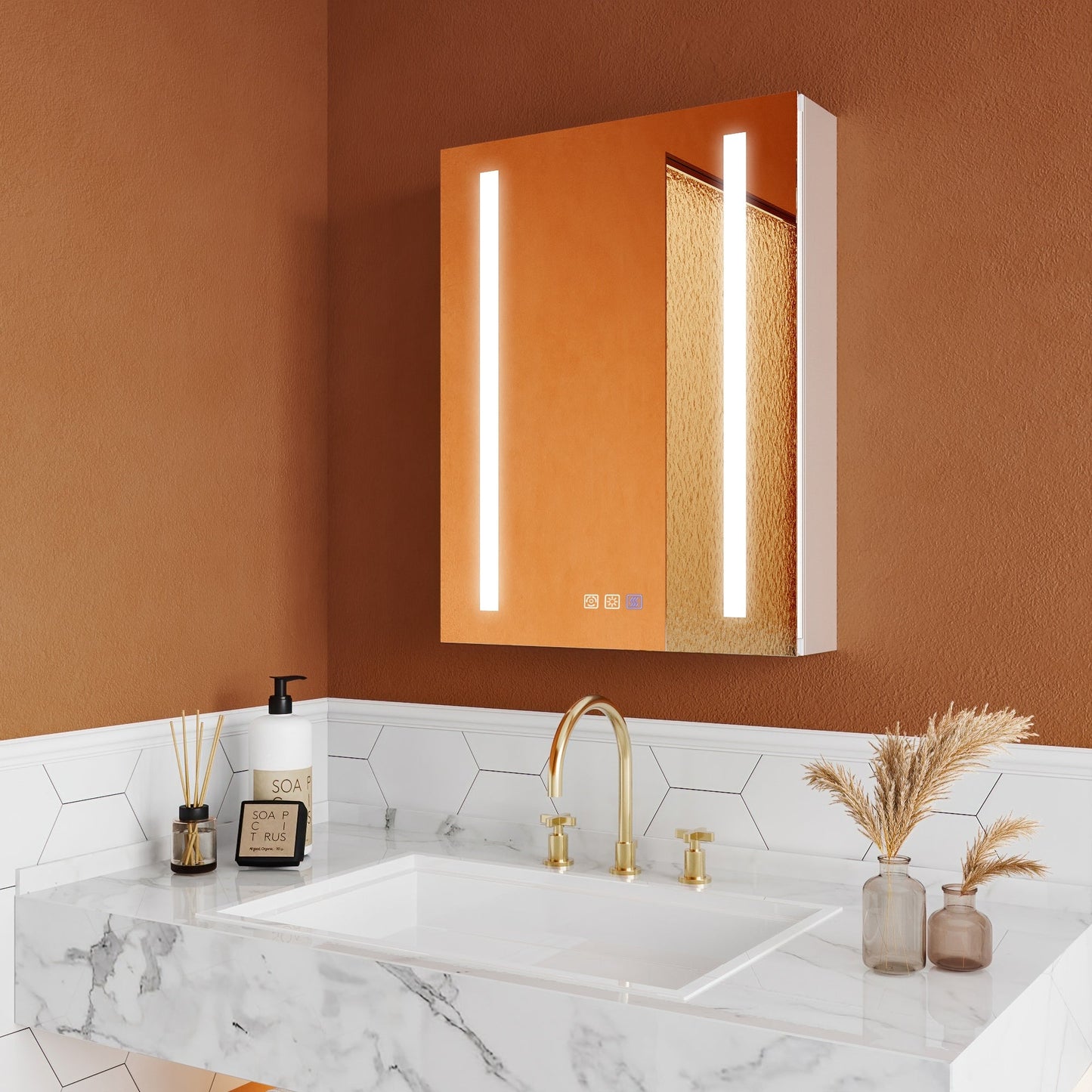 ExBrite Opale 20-in x 26-in Lighted LED Fog Free Surface/Recessed Mount Silver- 2 Light-26"h- Left Mirrored Soft Close Medicine Cabinet with Outlet