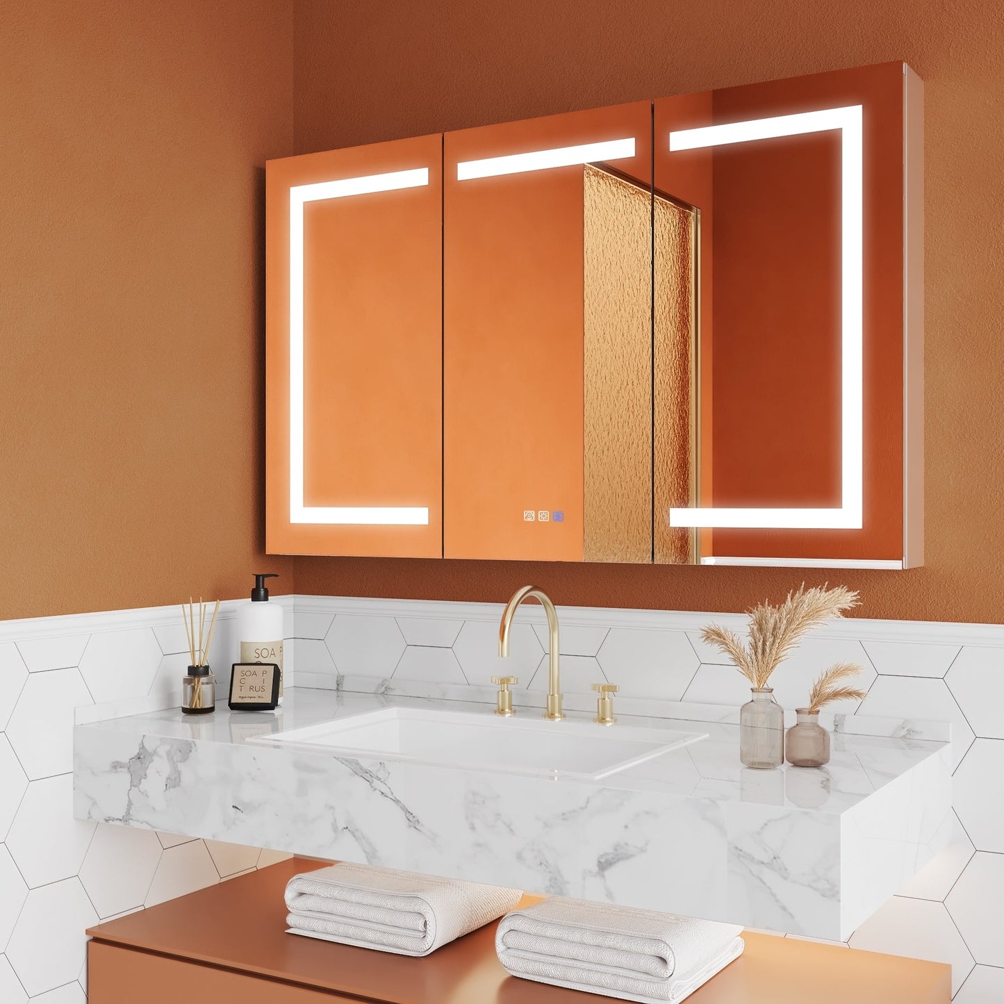 ExBrite Opale 48-in x 30-in Lighted LED Fog Free Surface/Recessed Mount Silver- 30"h Mirrored Soft Close Medicine Cabinet with Outlet