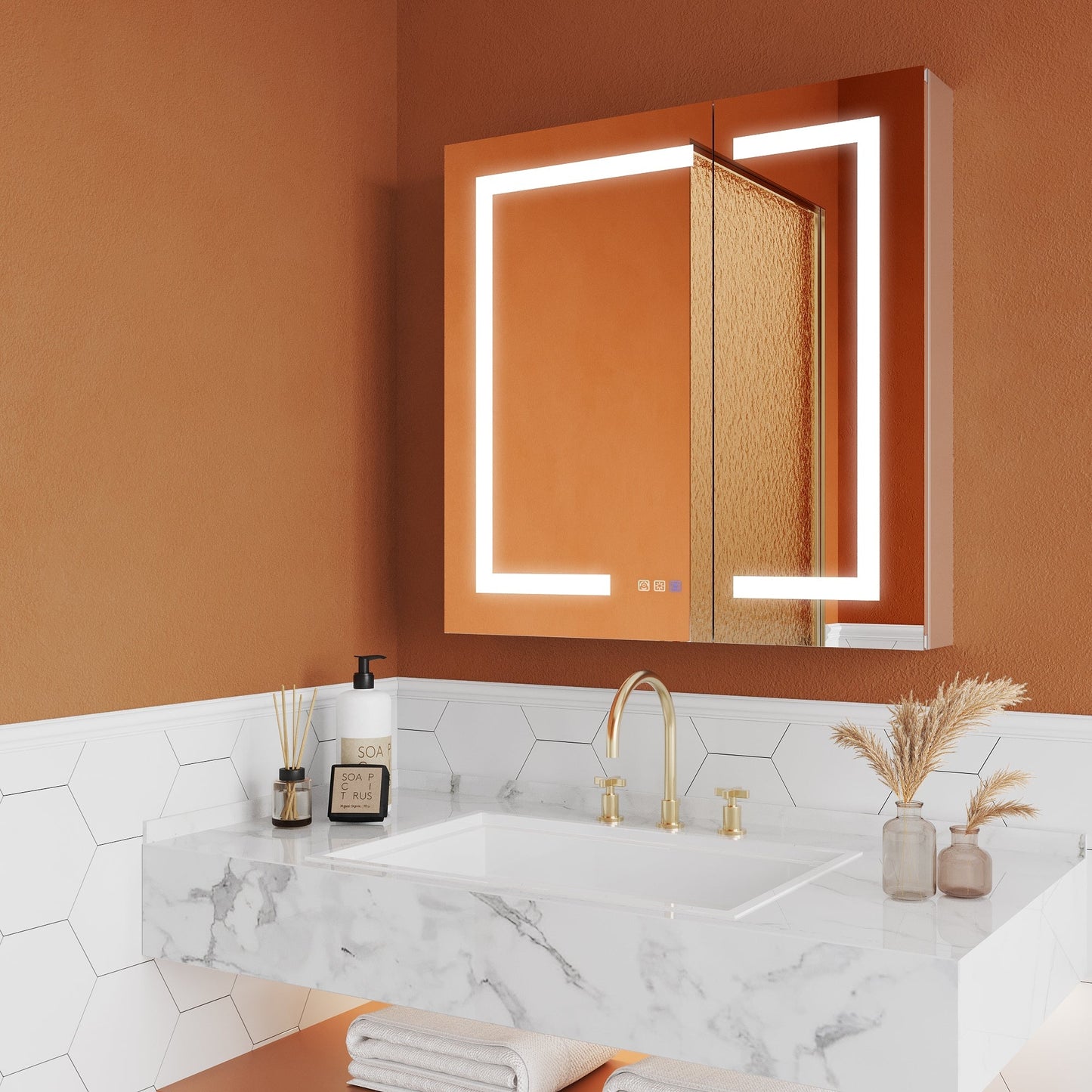 ExBrite Opale 30-in x 30-in Lighted LED Fog Free Surface/Recessed Mount Silver- 30"h Mirrored Soft Close Medicine Cabinet with Outlet